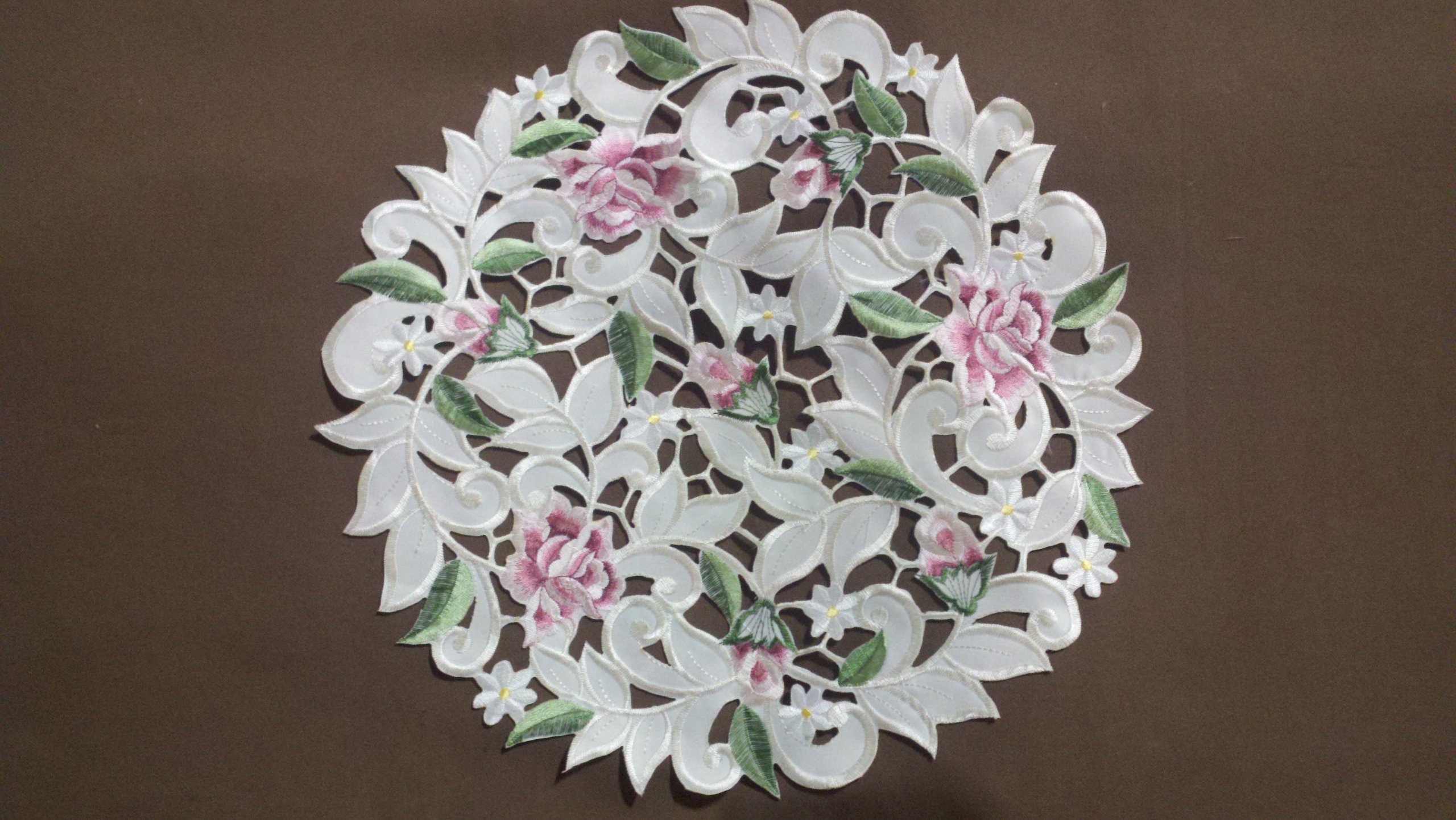 23 Inch Round Doily with Light Pink Cutwork Rose - Elegant Table Decor for Weddings, Parties & Home Decoration