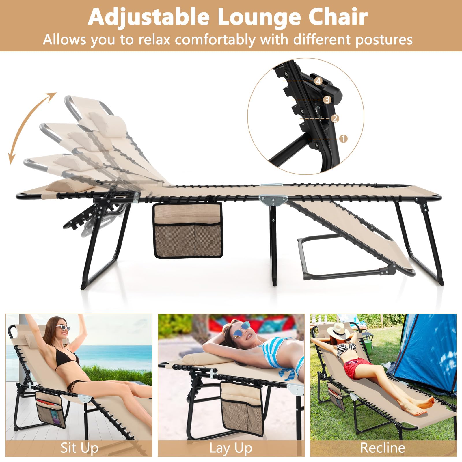 Giantex 2-Pack Folding Patio Lounge Chairs with Headrest - Adjustable Tanning Chairs for Outdoor, Poolside & Beach - 4-Position Recliner with Side Pocket - Perfect for Sunbathing, Camping & Backyard Relaxation - Beige