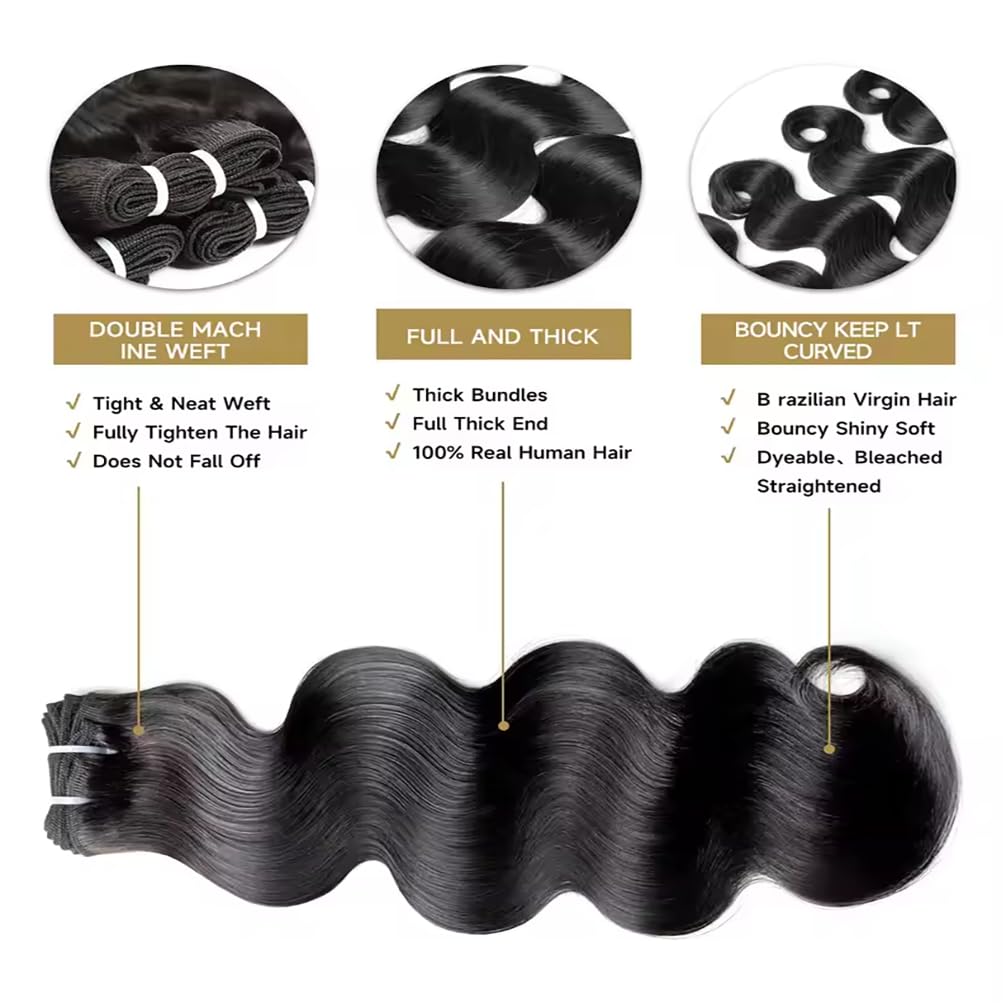 16A 100% Unprocessed Brazilian Virgin Remy Human Hair Bundles - Body Wave (16 18 20 22 Inch) for Black Women - Natural Color Wavy Hair Extensions for Styling, Weaving & Protective Hairstyles