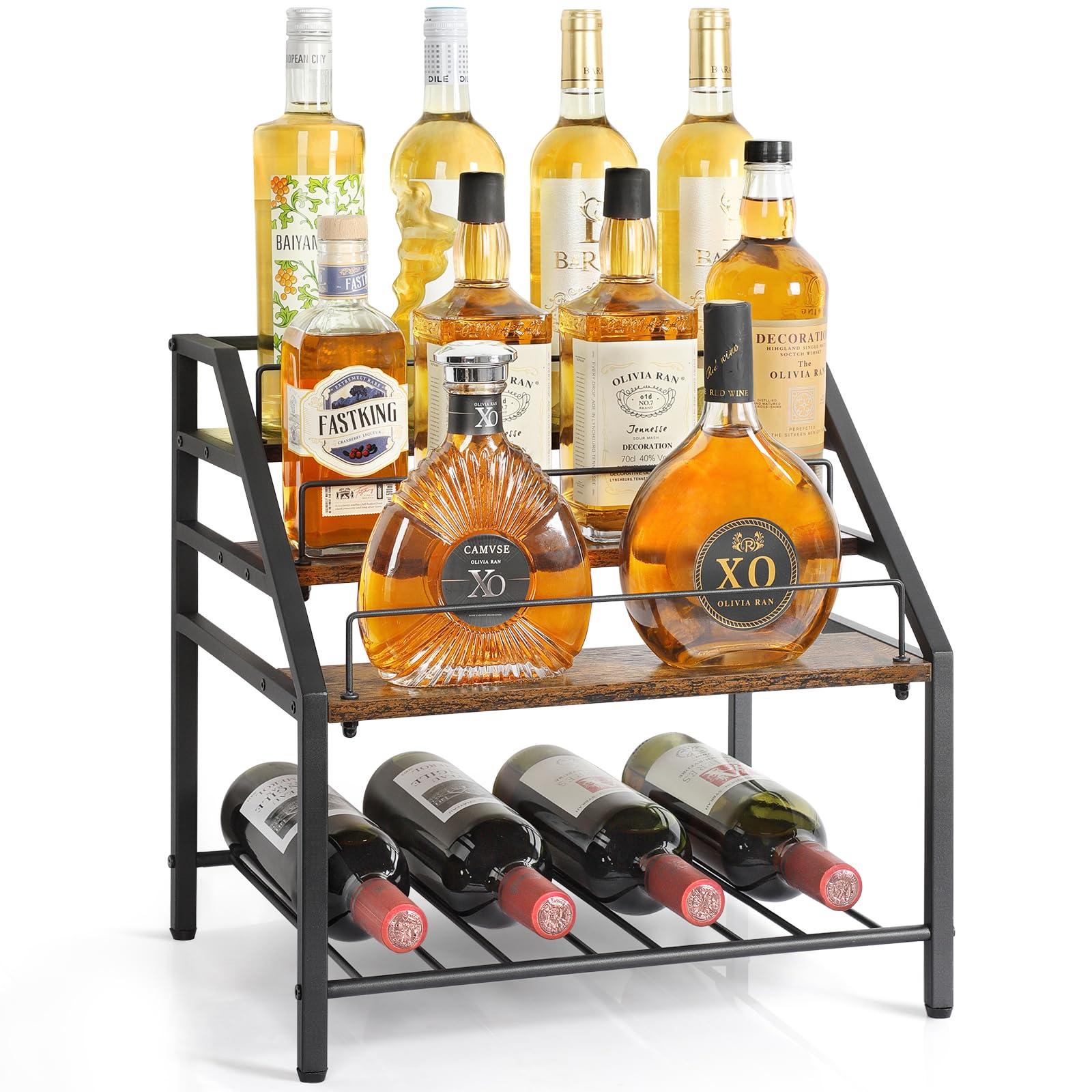 VINAEMO 3-Tier Countertop Wine Rack - Whiskey & Liquor Bottle Display Shelf, Coffee Syrup Organizer, Retro Bar Shelves for Home, Kitchen & Office - Perfect for Home Bars, Coffee Stations & Small Space Organization