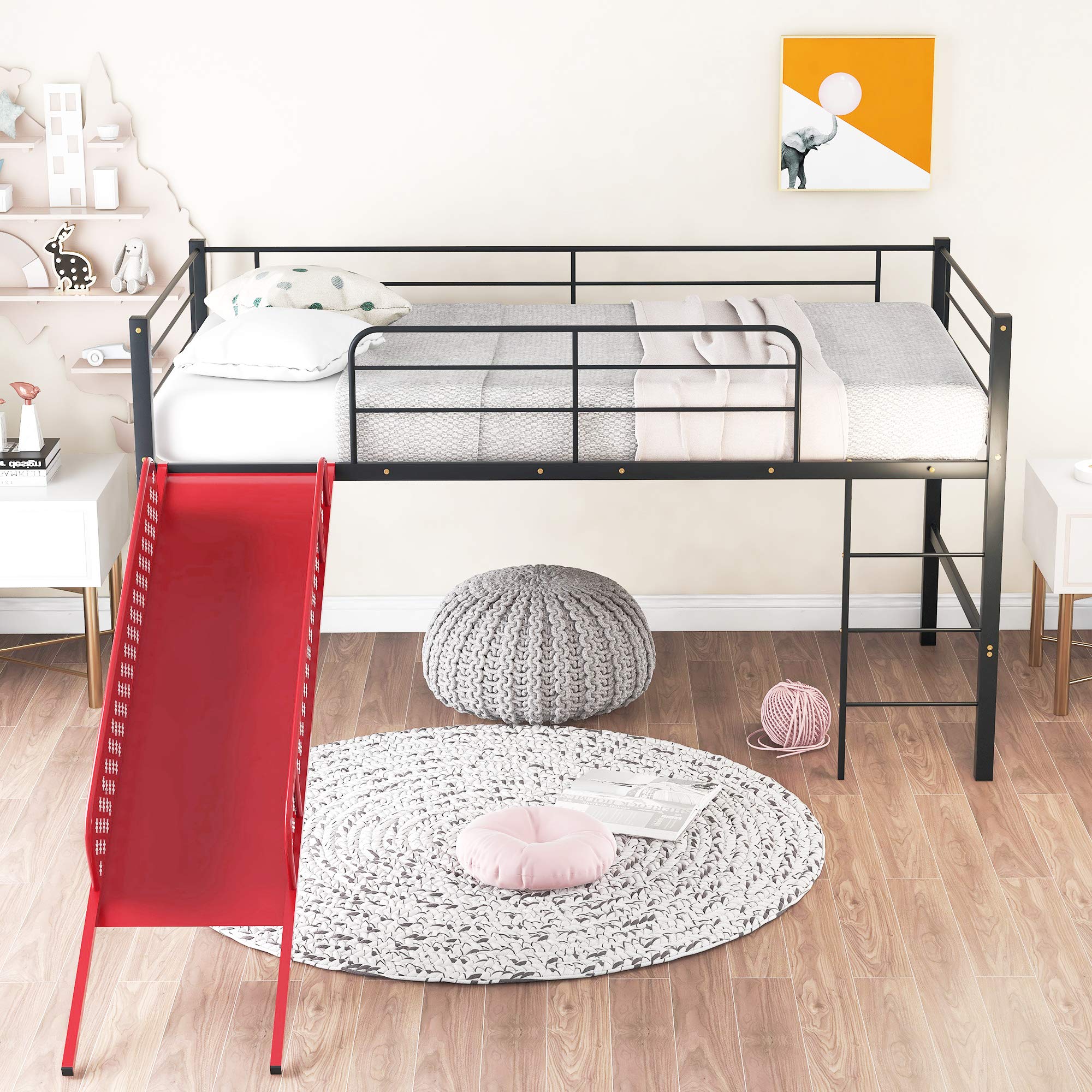 **Kids Twin Loft Bed with Slide - Sturdy Metal Low Loft Bed, Built-in Ladder & Safety Guard Rail, Multifunctional Space-Saving Design, No Box Spring Required (Red) - Perfect for Small Bedrooms, Playrooms & Dorm Rooms**