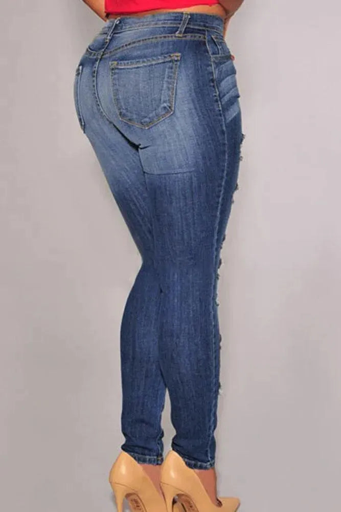 Women's Skinny Distressed Stretch Jeans - High Waist Ripped Denim Pants for Casual Wear & Everyday Outfits