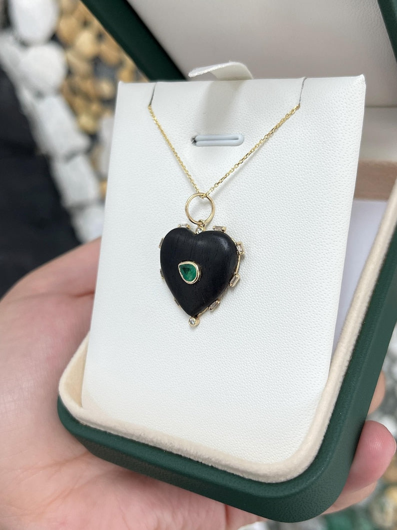 0.84tcw 14K Gold Natural Pear Cut Emerald Heart Shaped Ebony Wood Stacking Pendant - Perfect for Layering Necklaces, Gift for Her, Valentine's Day & Anniversary Jewelry