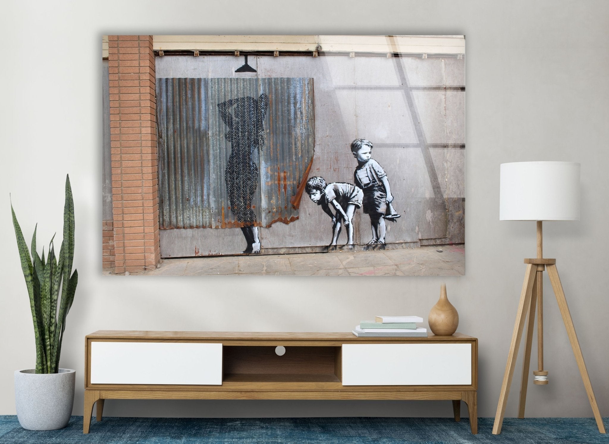 Banksy Shower Peeping Boys Framed Glass Wall Art - Modern Home Decor for Living Room, Bedroom & Office