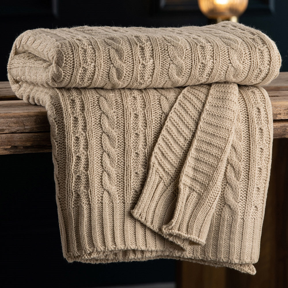Galway Crystal Aran Knit Throw Blanket - Soft Warm Grey Wool Blend - Cozy Living Room Sofa Throw for Winter & Home Decor