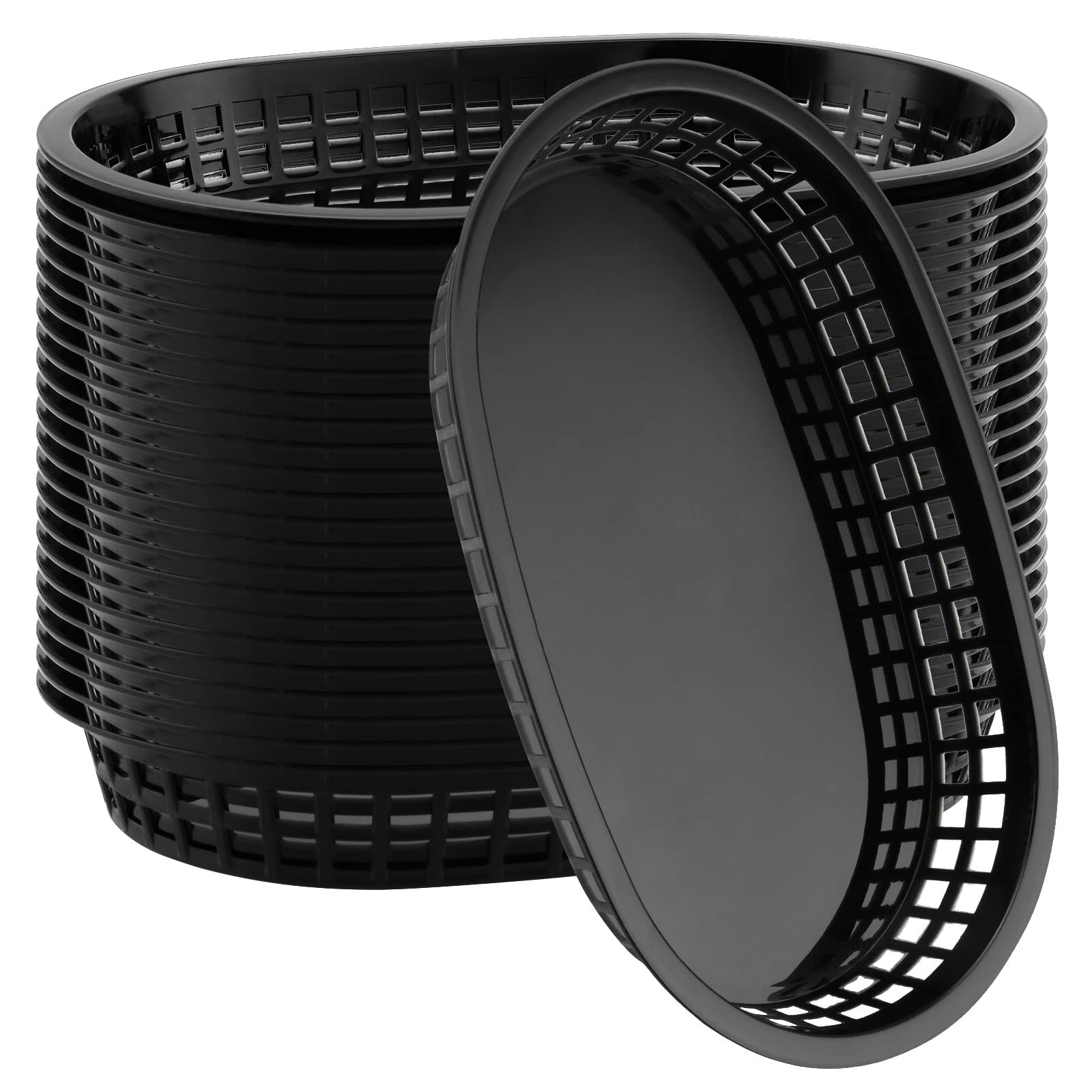24-Pack 11x7 Inch Black Plastic Fast Food Serving Baskets - Oval Deli Trays for Burgers, Hot Dogs, Sandwiches, Fries & BBQ | Perfect for Restaurants, Food Trucks, Catering & Outdoor Parties