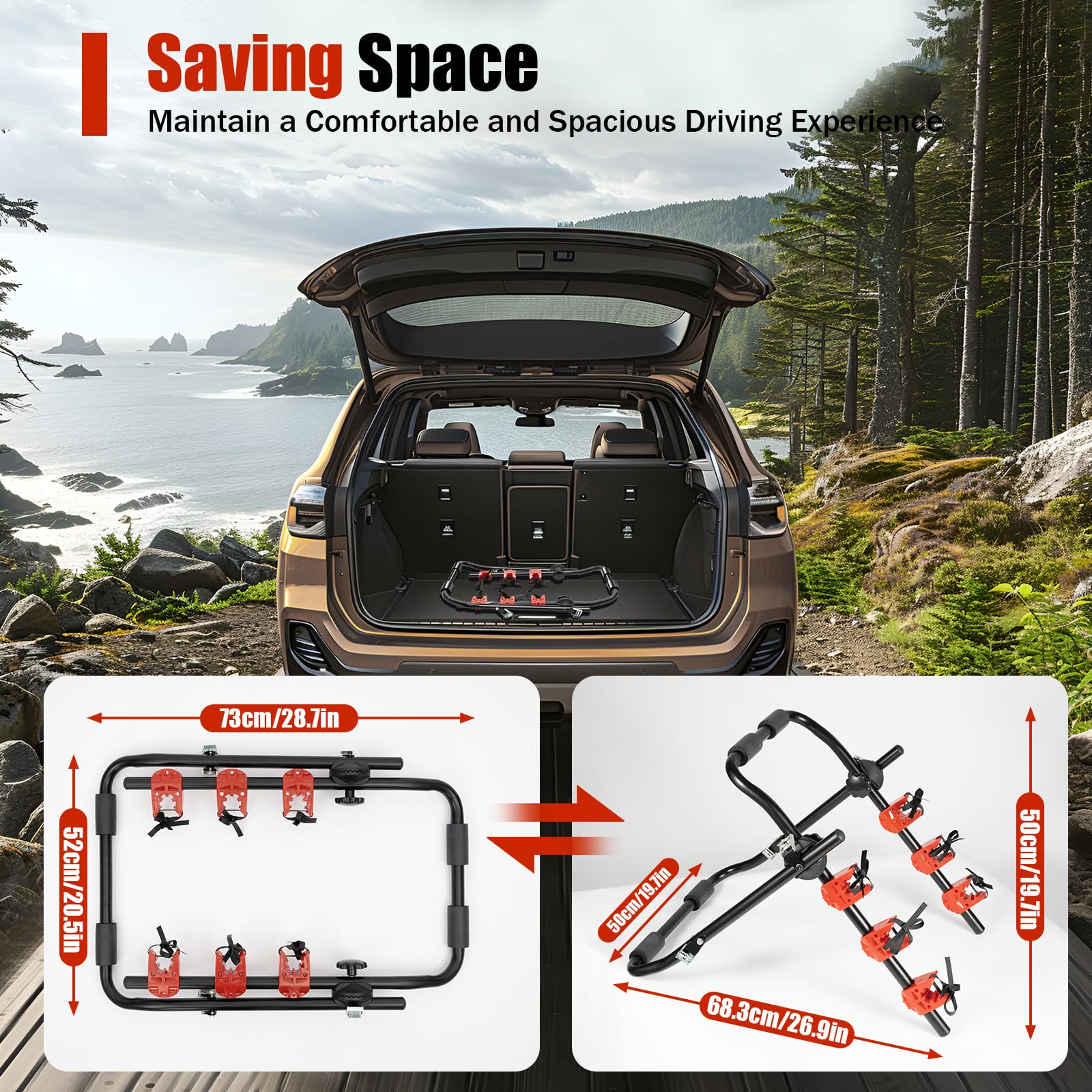 Foldable 3-Bike Trunk Mount Rack for Cars - Heavy Duty 44.09lbs Capacity Bicycle Carrier for Sedans & SUVs - Perfect for Road Trips, Camping & Family Outings