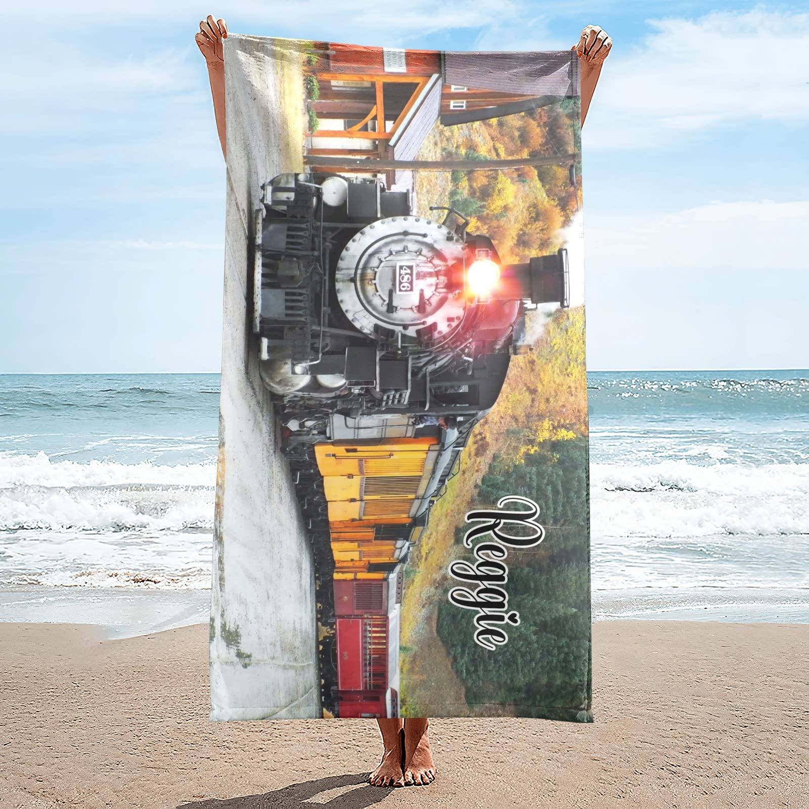 Personalized Autumn Forest Steam Train Beach Towel - Custom Pool Bath Towel 60x30 Inches - Perfect for Swimming, Beach Trips & Spa Days