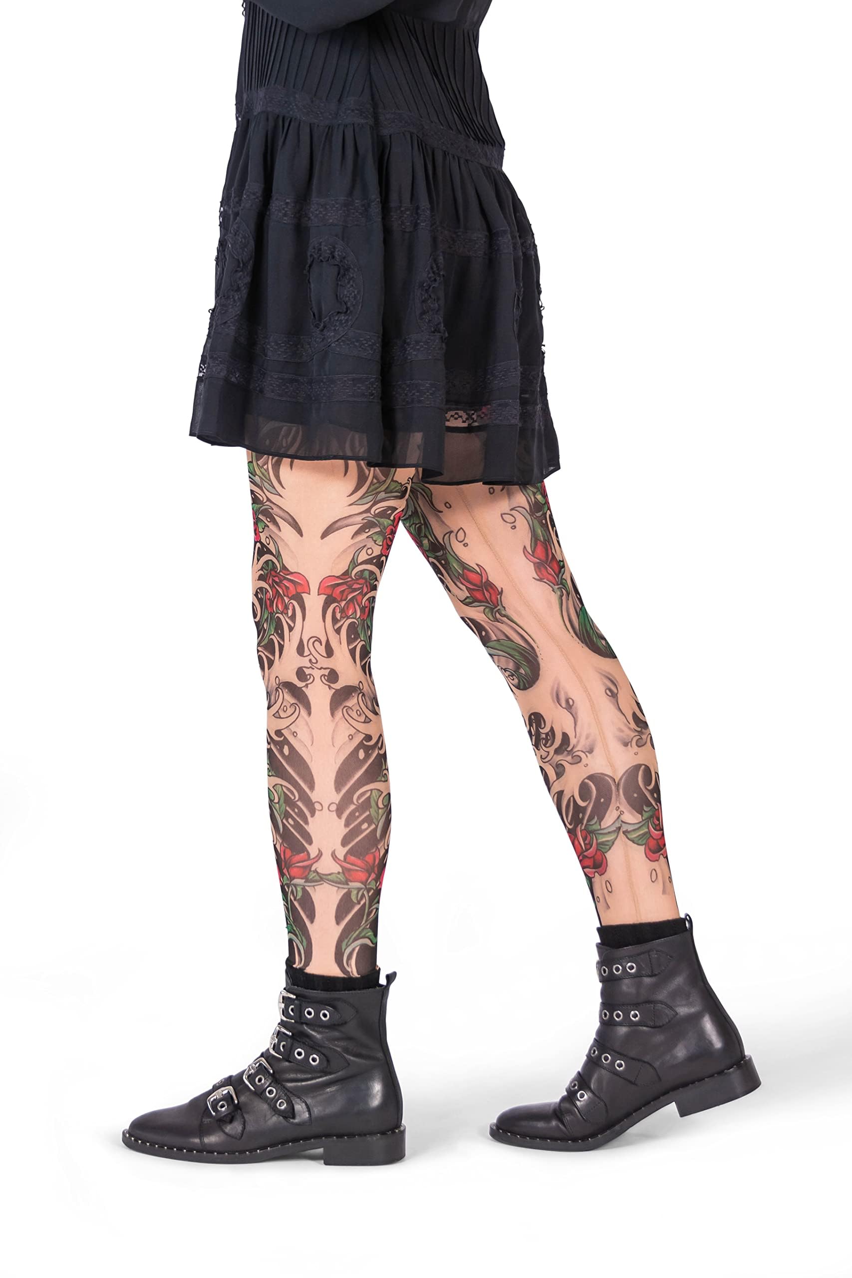 Wild Rose Floral Tribal Blackwork Tattoo Mesh Leggings for Women - Red Rose Design on Tan Base | Perfect for Yoga, Dance, Festival Outfits & Boho Fashion