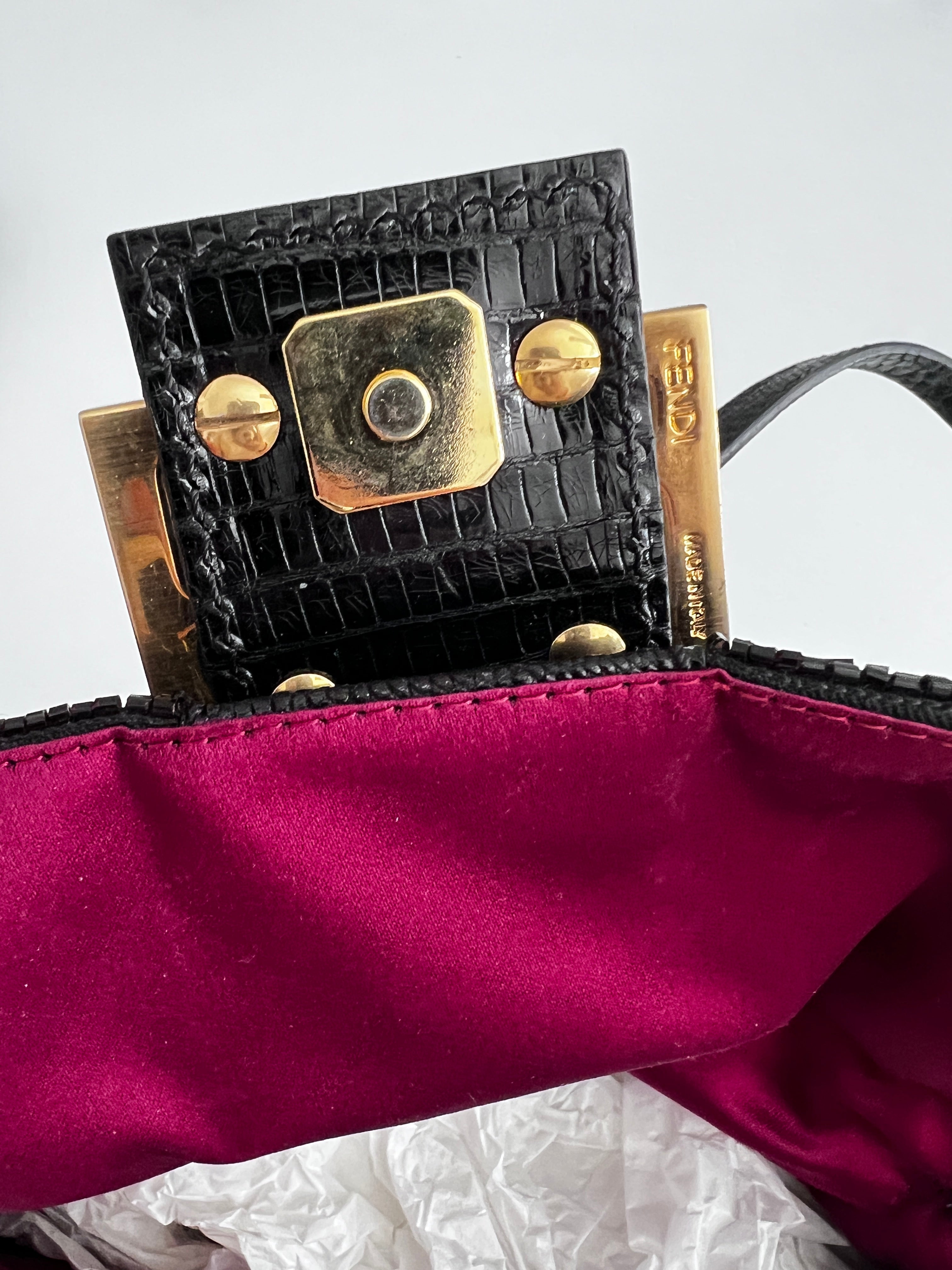 Fendi Black Beaded Mini Mamma Baguette Handbag - Genuine Lizard Skin Trim Luxury Crossbody Purse for Women | Perfect for Evening Parties, Date Nights & Special Occasions