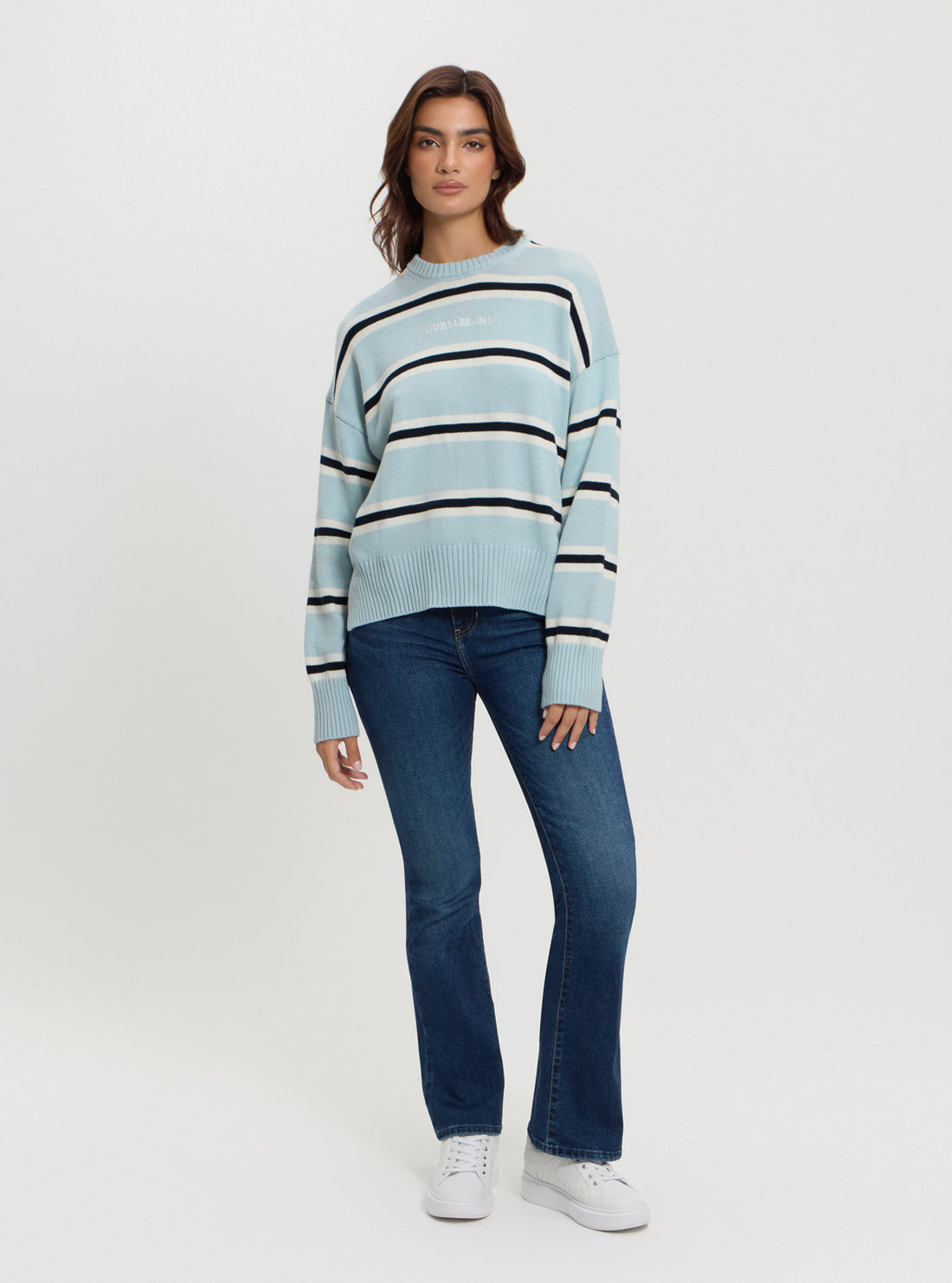 Guess Women's Striped Knit Sweater Jumper - Casual Long Sleeve Pullover for Fall & Winter Fashion