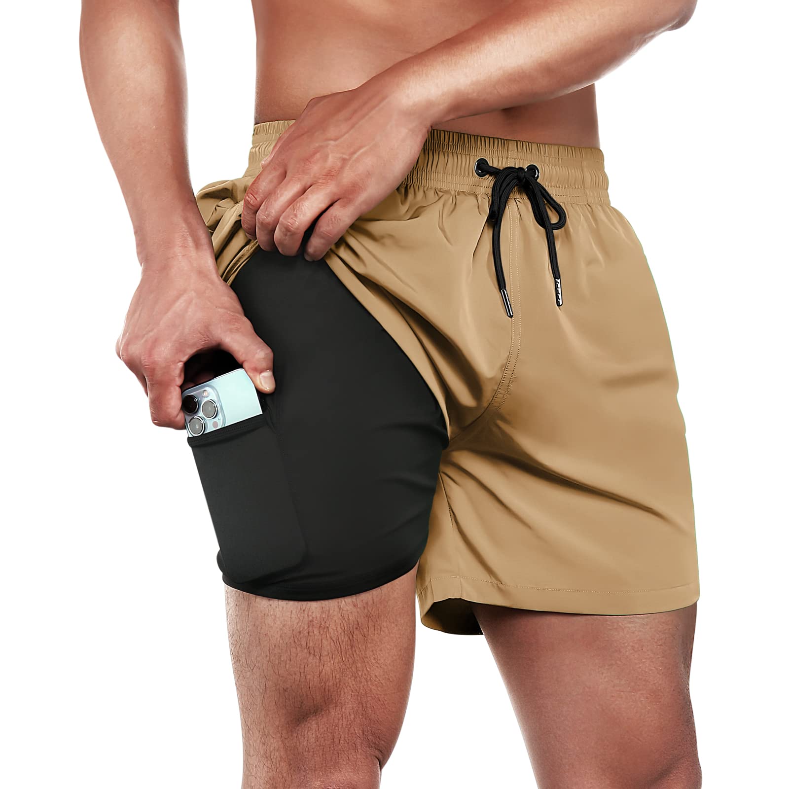 BRISIRA Men's Quick Dry 5-Inch Swim Trunks with Compression Liner & Zipper Pocket - Comfortable Beach Shorts for Swimming, Surfing, and Summer Vacation Activities