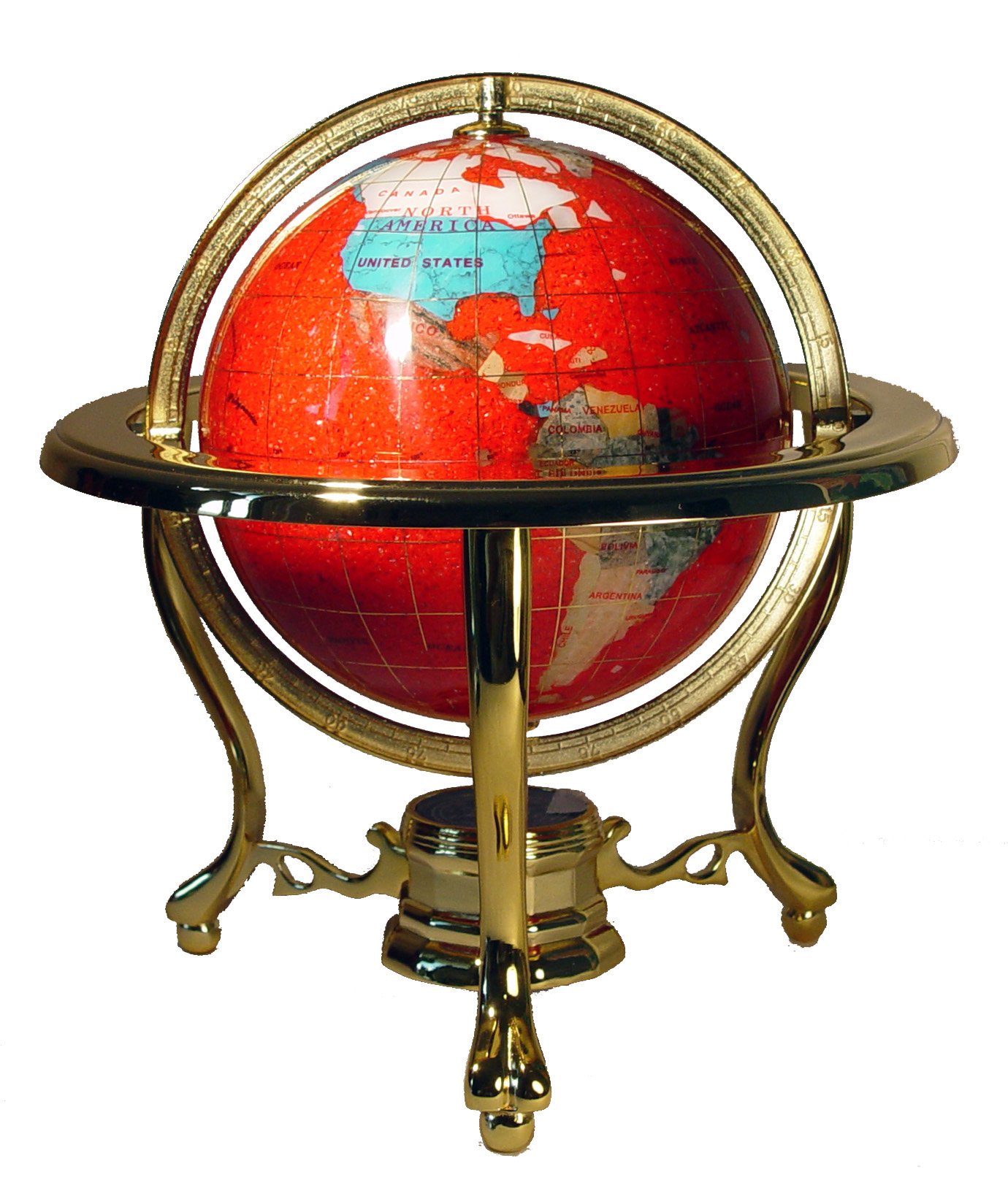 10-Inch Tall Red Crystallite Gemstone World Globe with Gold Tripod Stand - Unique Art Tabletop Decor for Home, Office, or Gift Giving