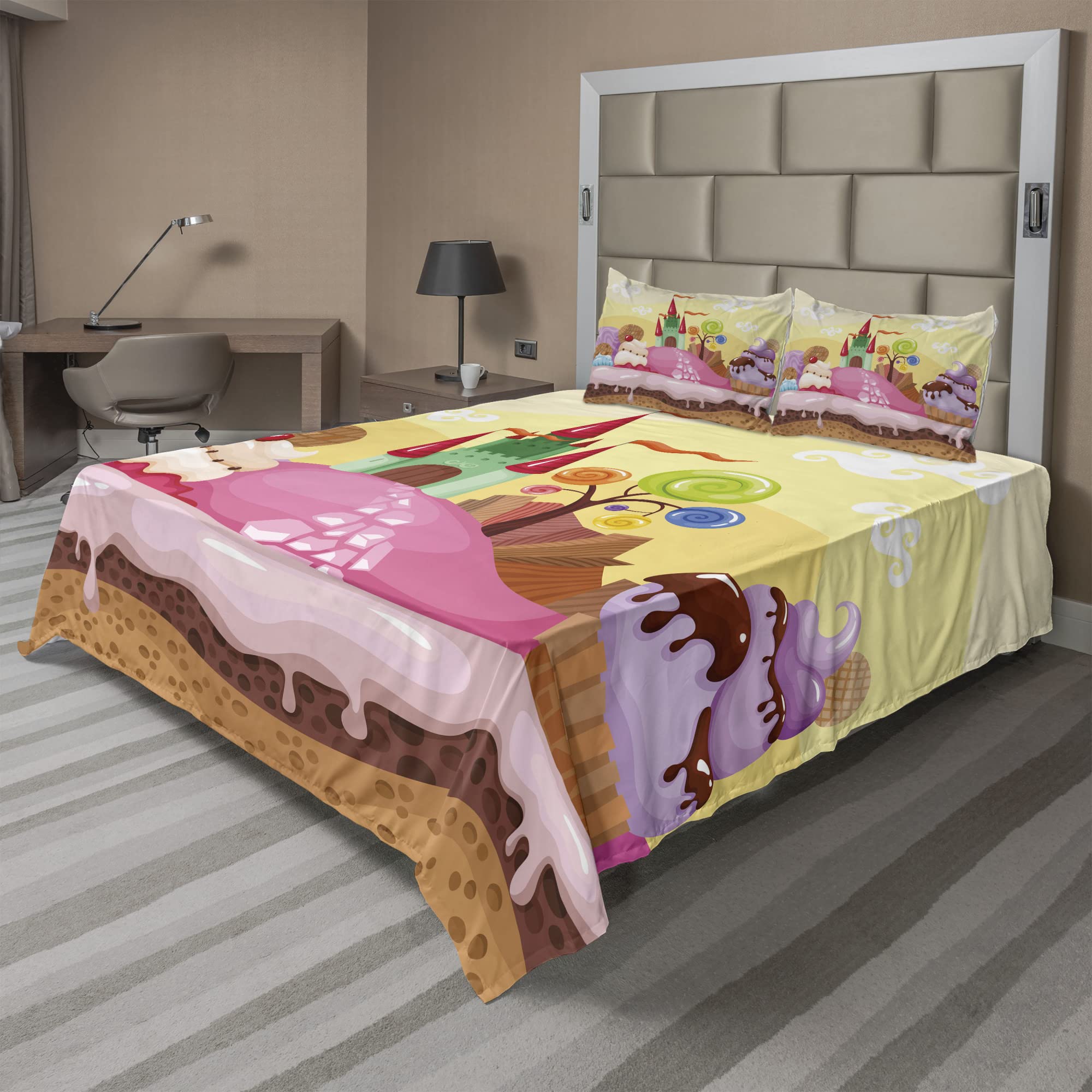 Ambesonne 4-Piece Cartoon Bedding Set - King Size Sand Brown & Pink Castle Landscape with Donuts, Muffins & Ice Cream Design - Fitted Sheet, Flat Sheet & 2 Pillowcases - Perfect for Kids Rooms, Dorm Decor or Whimsical Bedroom Themes
