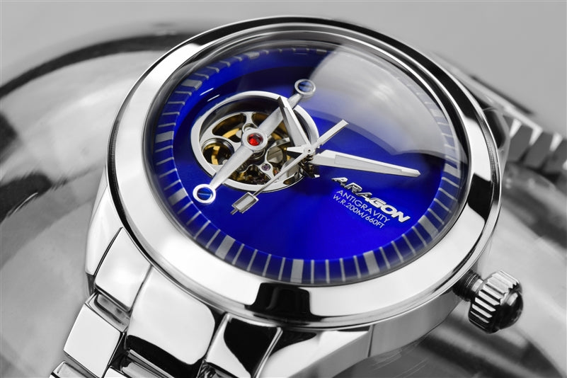 ARAGON Antigravity Open Heart 50mm Blue Dial Men's Watch - Perfect for Business Meetings & Formal Events