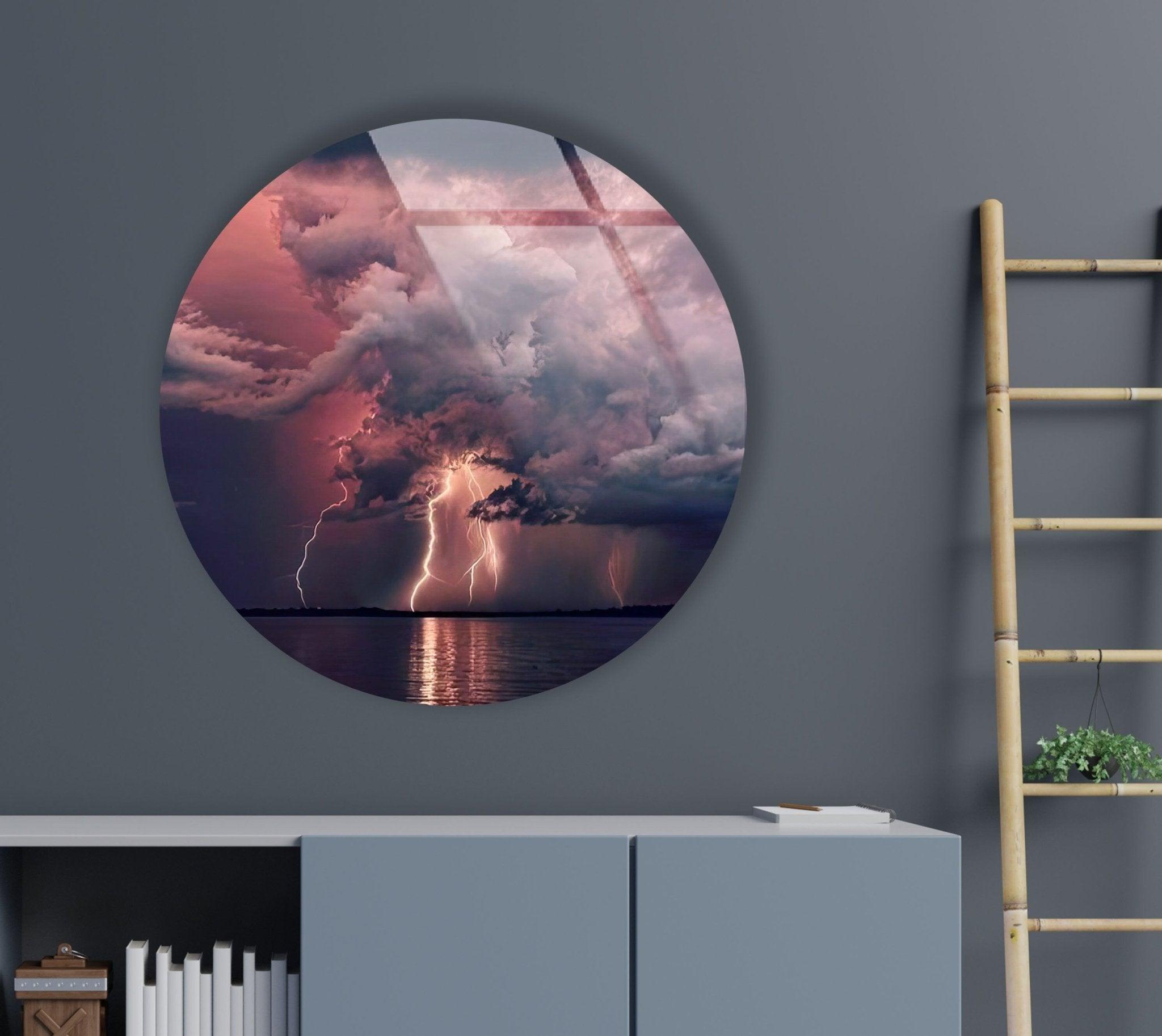 Abstract Round Lightning Glass Wall Art - Modern Home Decor for Living Room, Bedroom & Office - Shatterproof & UV Resistant - Perfect for Gifts & Interior Design