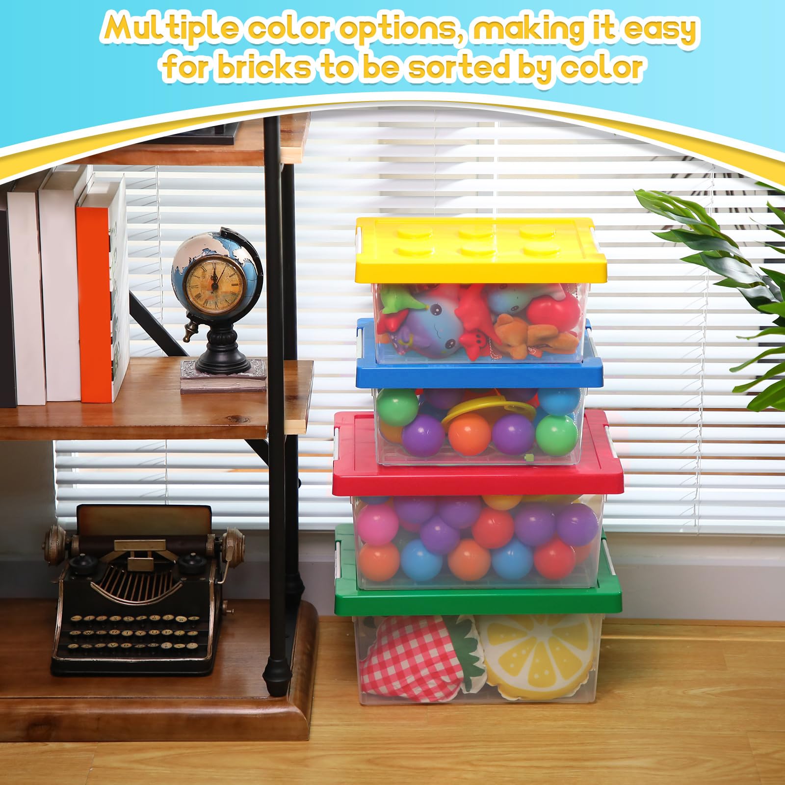 Vicenpal 4 Pack Brick Shaped Toy Storage Containers with Lids - Clear Plastic Stackable Organizer Bins for Kids Building Blocks, Dolls & Toys (Large & Small, Red, Yellow, Blue, Green) - Perfect for Playroom, Nursery & Classroom Organization