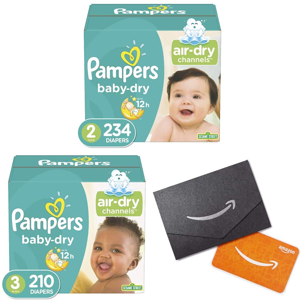 Pampers Baby Dry Disposable Diapers Size 2 (234 Count) & Size 3 (210 Count) with Free Amazon Gift Card - Ultra Absorbent Overnight Protection for Newborns & Infants - Perfect for Daycare, Travel & Nighttime Use