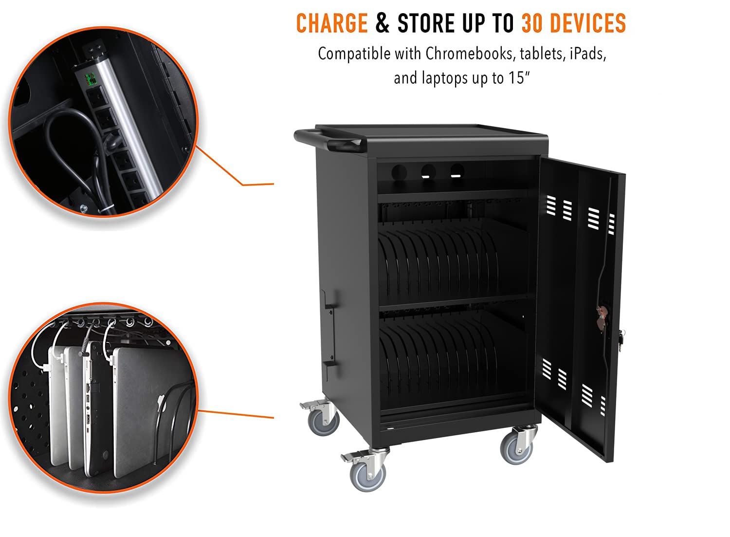 32-Bay Heavy-Duty Mobile Laptop Cart & Chromebook Charging Station - Locking Cabinet for 17
