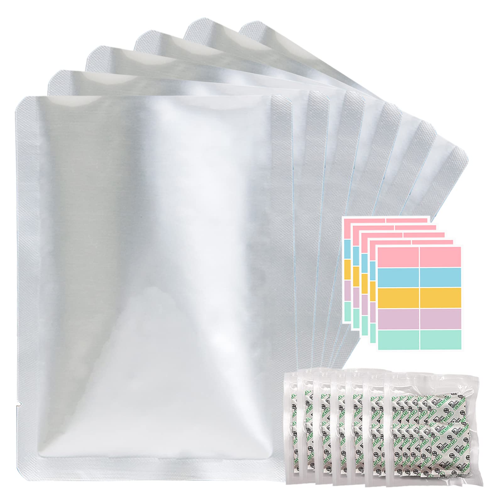 50pcs 1 Gallon Mylar Bags for Food Storage with Oxygen Absorbers 500CC (6 Packs of 10pcs) and Labels - 9.5 Mil 10