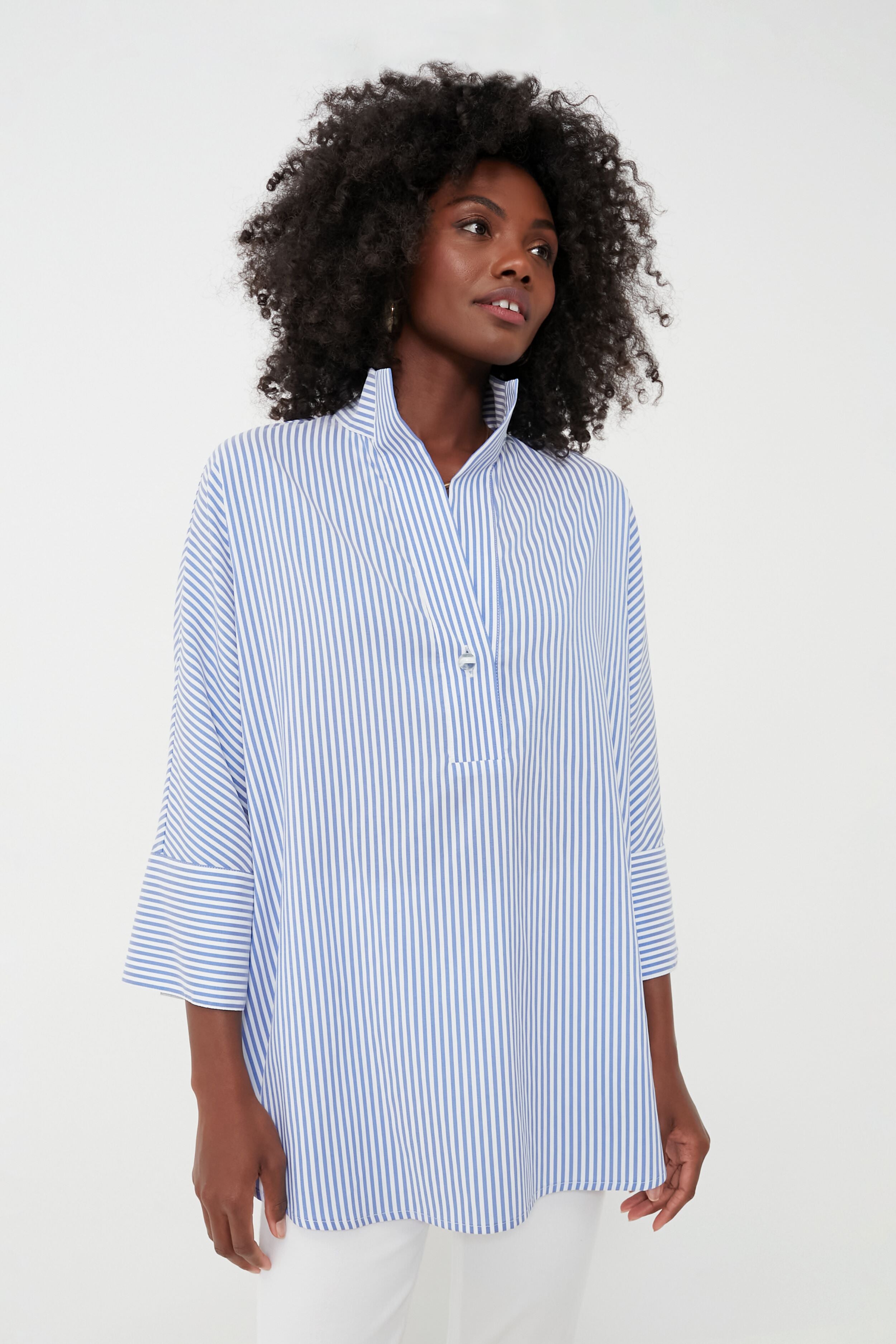 Blue Stripe Willow Blouse - Women's Stylish Floral Print Tunic Top for Casual Wear & Office Outfits | Perfect for Spring & Summer Fashion