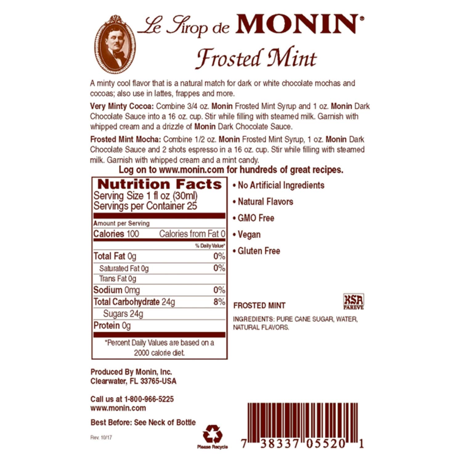 Monin Frosted Mint Syrup - Natural Spearmint Flavor, Non-GMO & Gluten-Free (750ml) | Perfect for Smoothies, Cocktails, Iced Tea & Mocktails | Refreshing Summer Drinks & Dessert Toppings