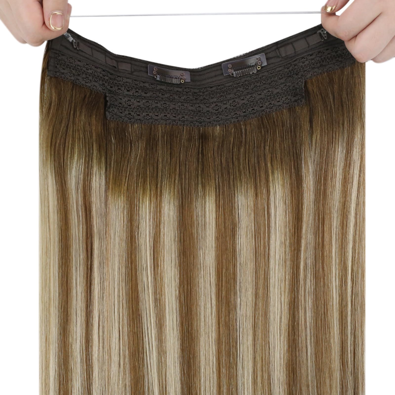 Sunny Wire Hair Extensions - 20 Inch Real Human Hair Invisible Wire Extensions in Light Brown to Platinum Blonde with Brown Highlights (#6/60/6) - Perfect for Parties, Weddings & Everyday Styling