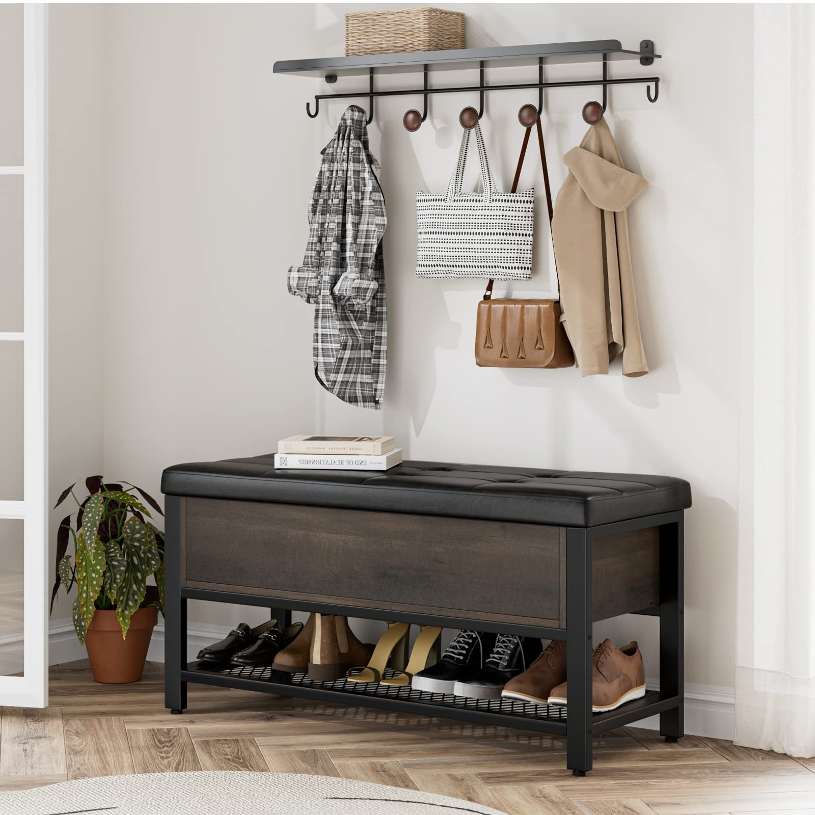 HOSTACK Storage Bench with Flip-Open Lid - Dark Brown Entryway Shoe Bench, Bedroom Ottoman with Storage Shelf & Padded Seat - Perfect for Hallway, Living Room & End of Bed Organization