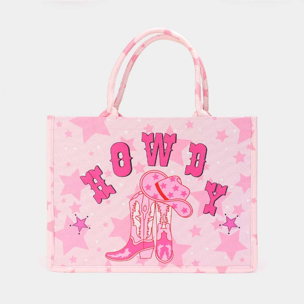 Stylish Pink HOWDY Cowboy Boots Printed Tote Bag - Western Fashion Accessory for Women | Perfect for Shopping, Beach Trips & Country Concerts
