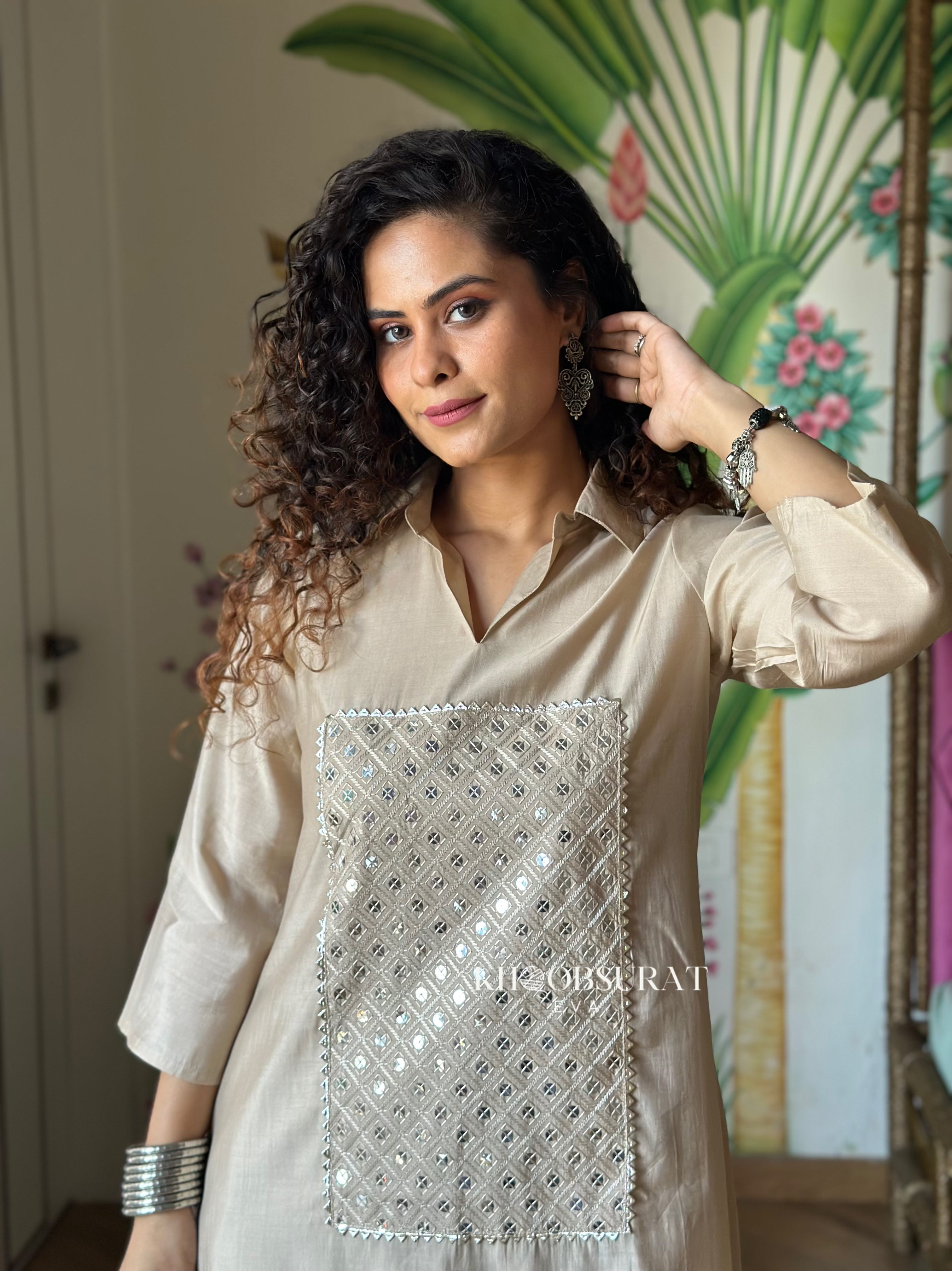 Bonjour Begum Beige Sequin Kurta Set - Elegant Indian Embroidered Top & Pants Outfit for Women | Perfect for Weddings, Parties & Festive Occasions