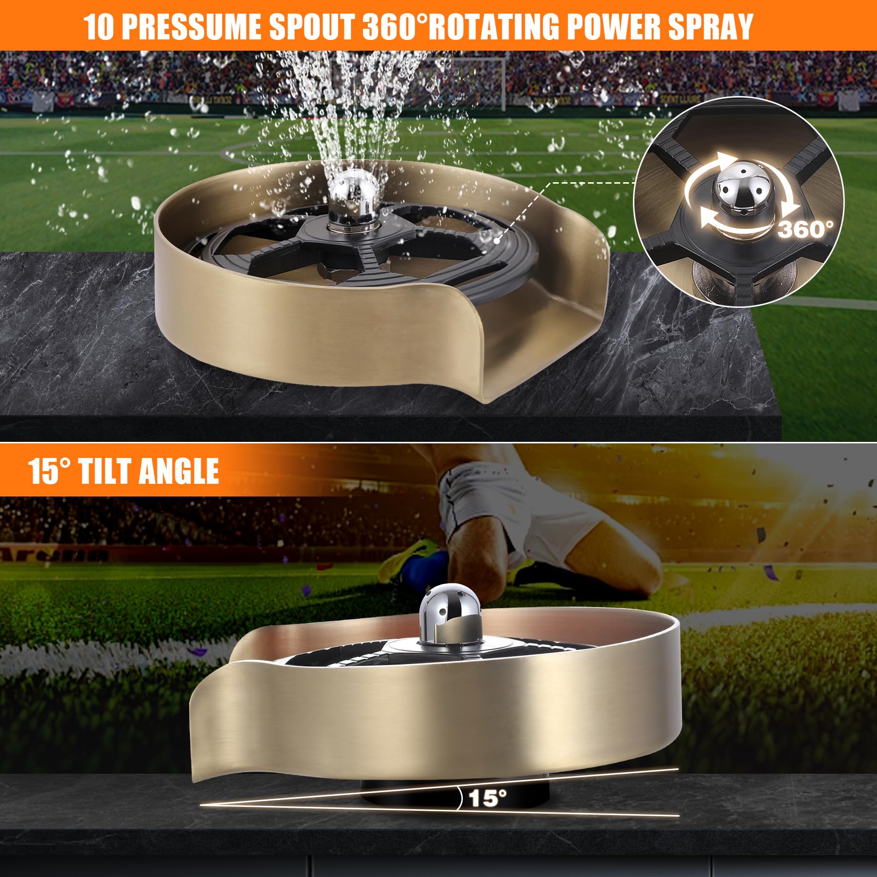 Upgraded 360° Rotating Stainless Steel Glass Rinser for Sink - Brushed Gold Cup Washer with Football Competition Design - Perfect for Bar Sink Attachment, Home Kitchen & Commercial Use