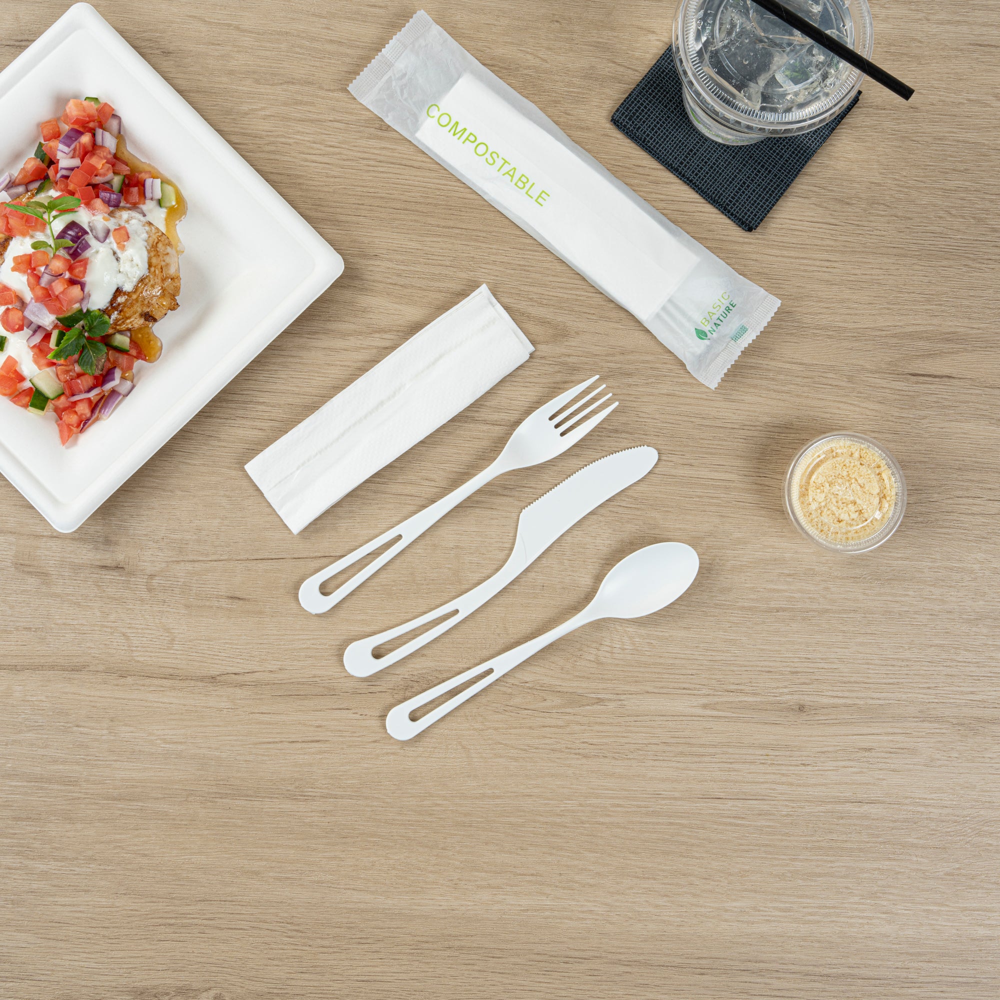 Eco-Friendly Compostable CPLA Plastic Cutlery Set - 100-Piece Box with Heat-Resistant Forks, Knives & Spoons | Includes White Napkins & Biodegradable Wrapper | Perfect for Parties, Picnics & Takeout Meals
