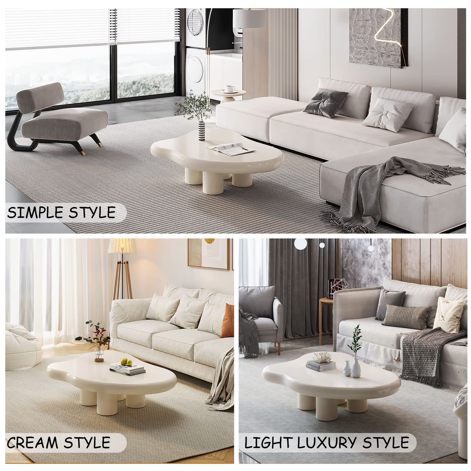 Modern White Cloud Coffee Table - Irregular Free Shape with 4 Legs, 41.02