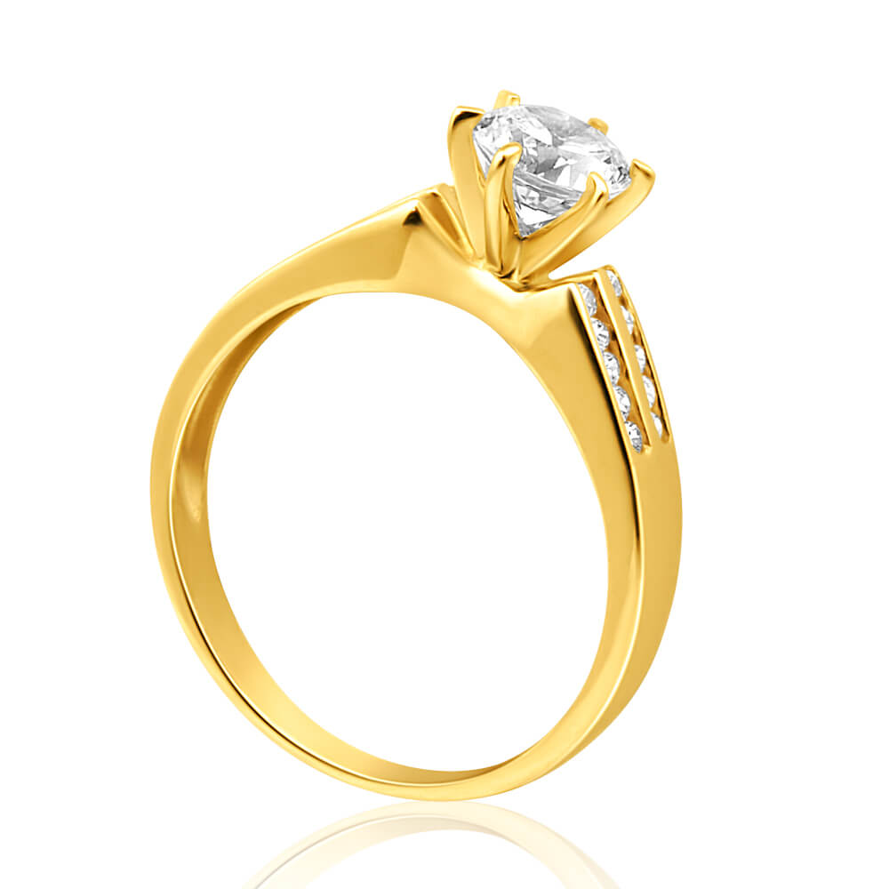 9ct Yellow Gold 6mm Solitaire & Channel Set Cubic Zirconia Ring for Women - Elegant Wedding, Engagement & Anniversary Jewelry Gift