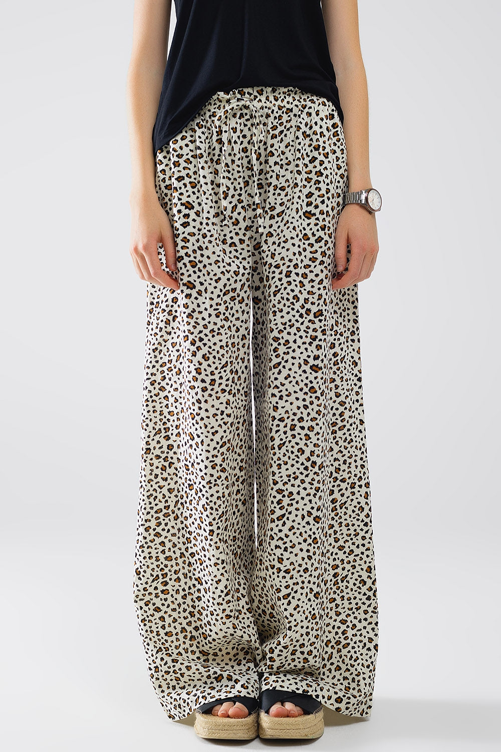 Leopard Print Elastic Waist Straight Leg Pants for Women - Casual, Office & Everyday Wear