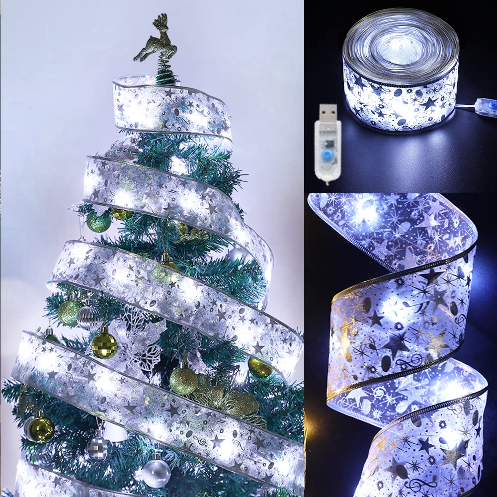 100 LED USB Christmas Tree Ribbon Lights - 32ft Silver Fairy String Lights with 8 Lighting Modes & Copper Wire Bows - Perfect for Holiday Decorations, Xmas Tree, Party, Wedding & Indoor/Outdoor Decor (6cm Width, Cool White)