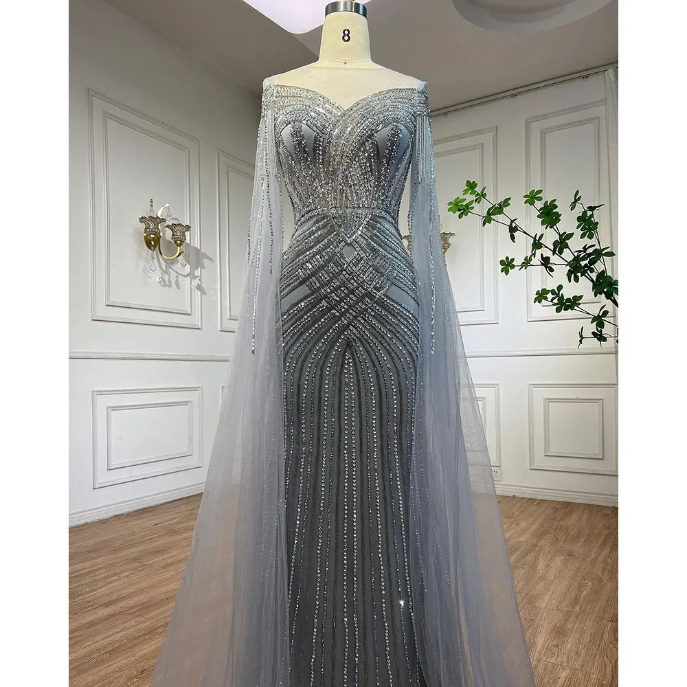 Serene Hill Luxury Nude Arabic Mermaid Evening Gown with Cape Sleeves & Beaded O-Neck - Elegant Wedding Party Dress for Women 2025 (LA72012) | Perfect for Bridal Showers, Red Carpet Events & Formal Occasions