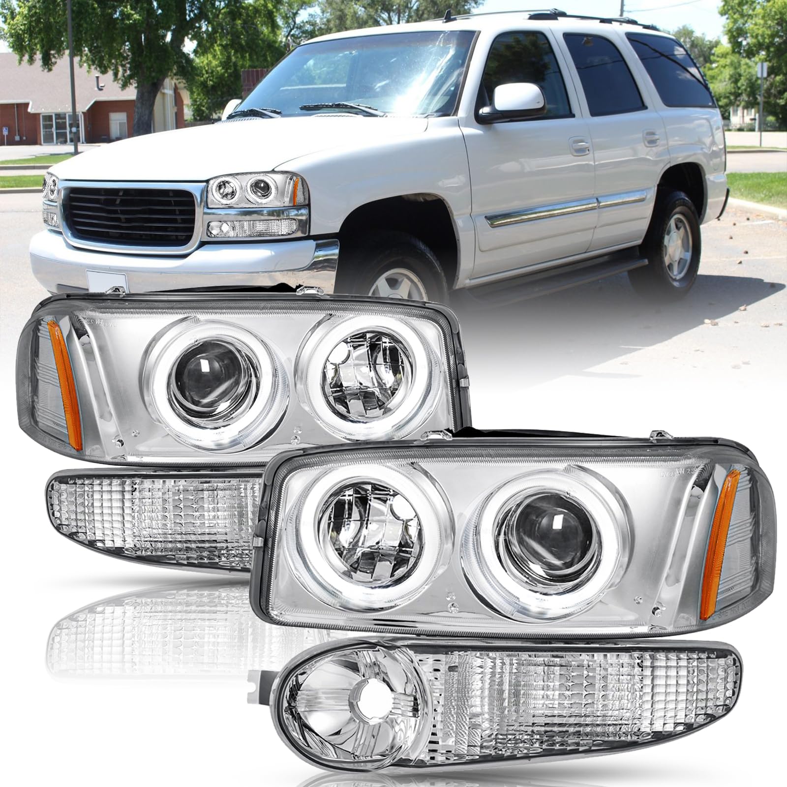 2001-2006 GMC Yukon & Yukon XL Denali Headlight Assembly - LED Projector Halo Lights with Bumper Lights - Chrome Housing Replacement for Sierra 1500 Denali (4-Piece Set) - Perfect for Night Driving & Off-Road Adventures