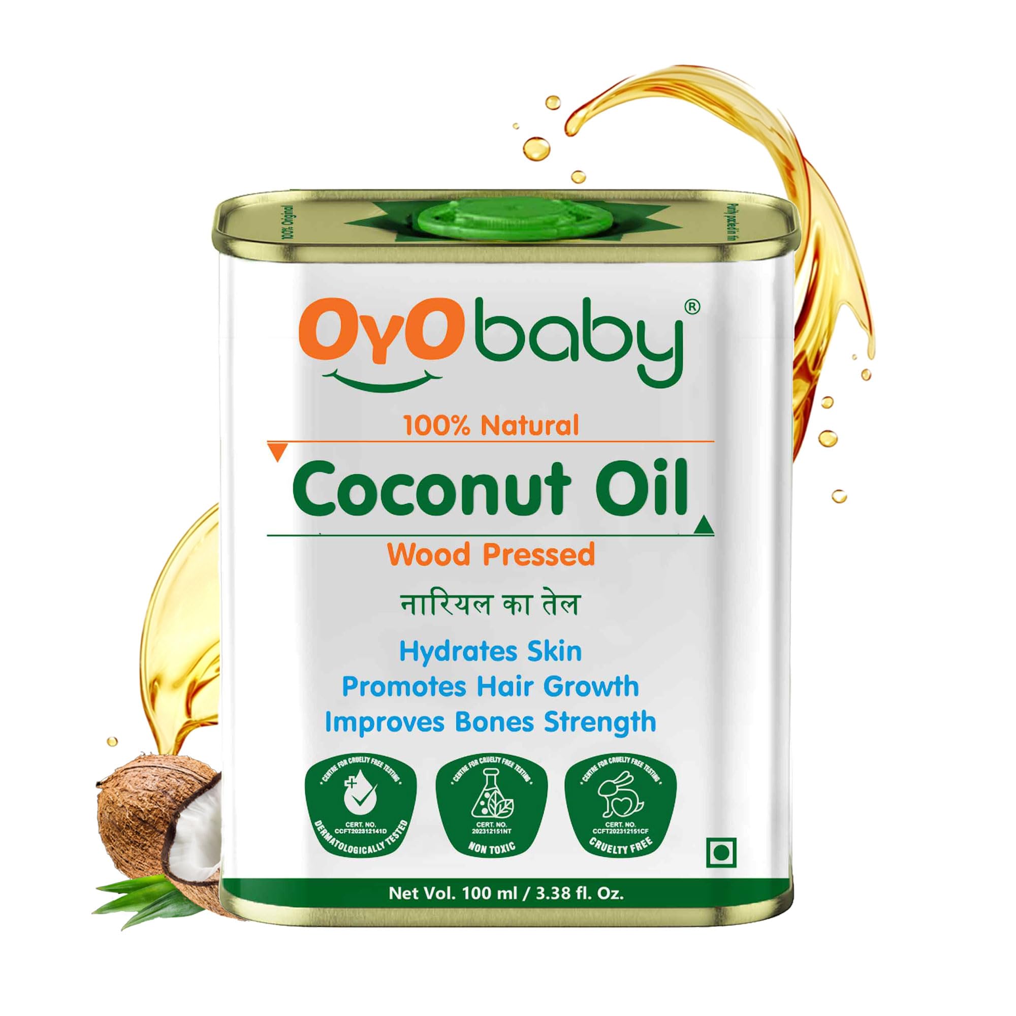OYO BABY Virgin Coconut Oil for Skin & Hair - 100% Pure Cold Pressed Organic Coconut Oil - 100ml - Perfect for Moisturizing, Hair Care & Massage