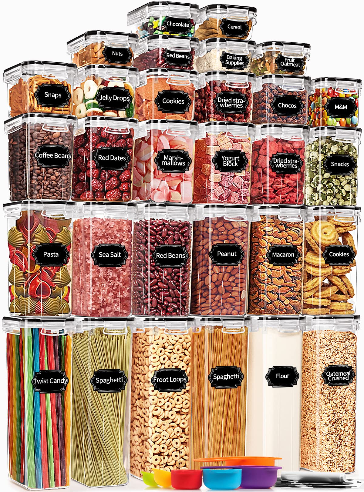 PRAKI 30-Piece Airtight Food Storage Container Set - BPA-Free Plastic Canisters with Lids for Cereal, Flour, Sugar & Dry Goods | Includes 40 Labels, 6 Spoons & Marker | Perfect for Kitchen Pantry Organization & Bulk Food Storage