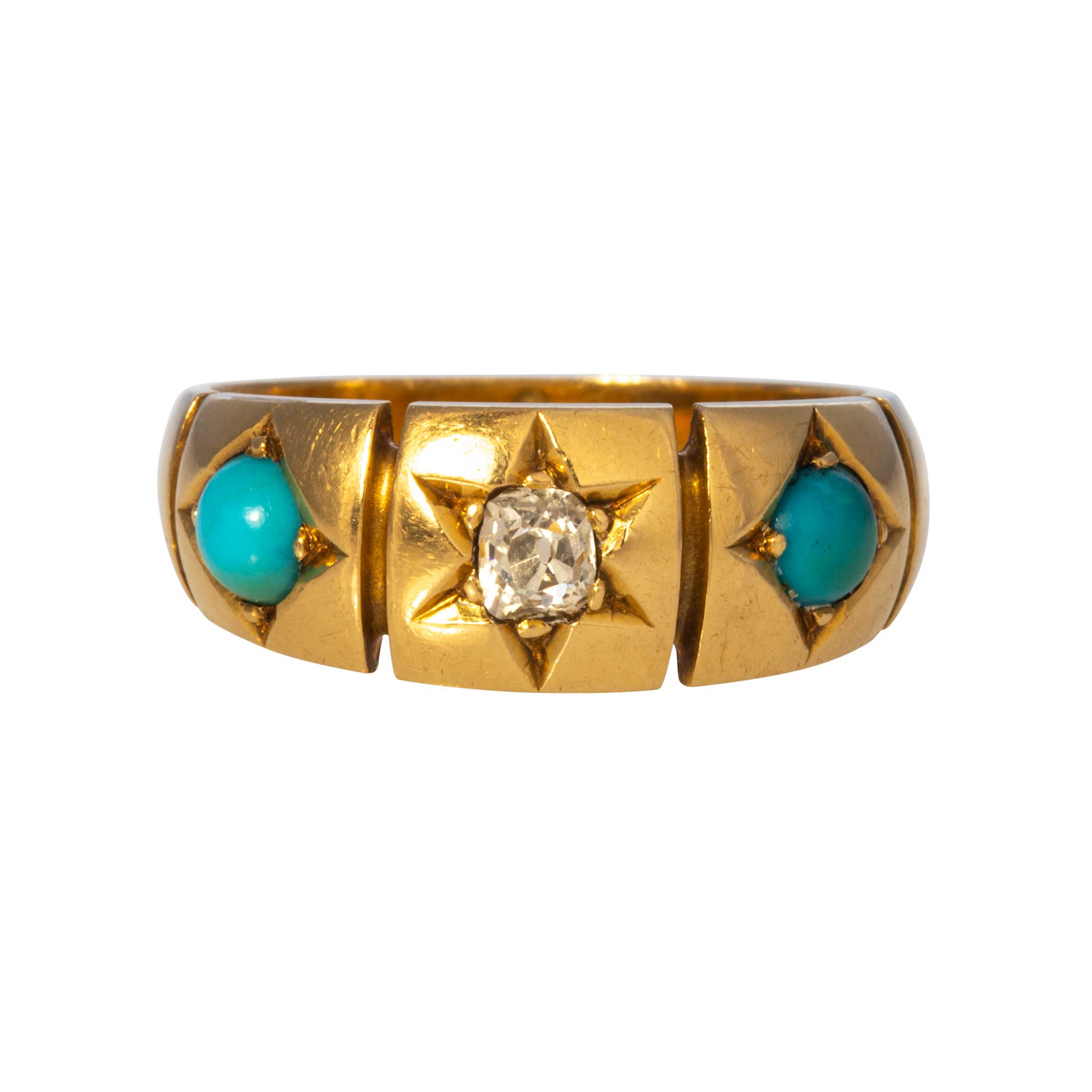 Victorian Style 18K Gold Ring with Diamond & Turquoise Three Stone - Elegant Jewelry for Weddings, Anniversaries & Special Occasions