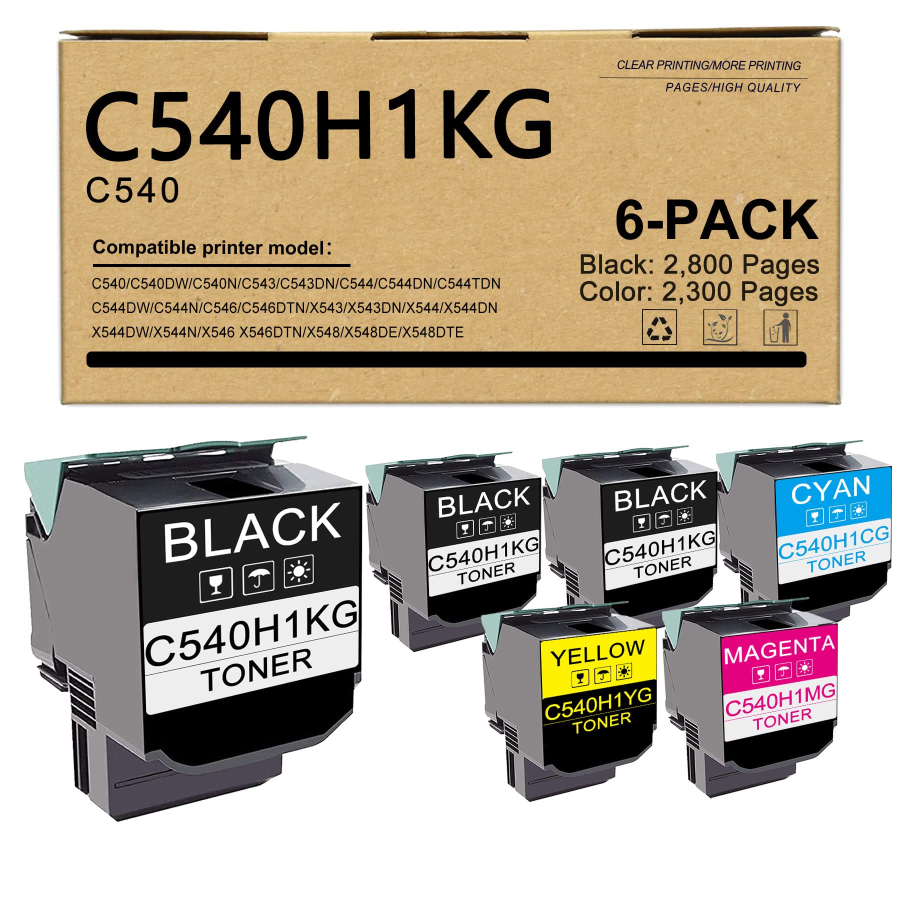 6-Pack Compatible Toner Cartridge Replacement for Lexmark C540 C540DW C540N C543 C543DN C544 C544N Printers (3BK+C+1M+1Y) - High-Quality C540H1KG C540H1CG C540H1MG C540H1YG Replacement - Perfect for Office & Home Printing - Sold by CoperInk