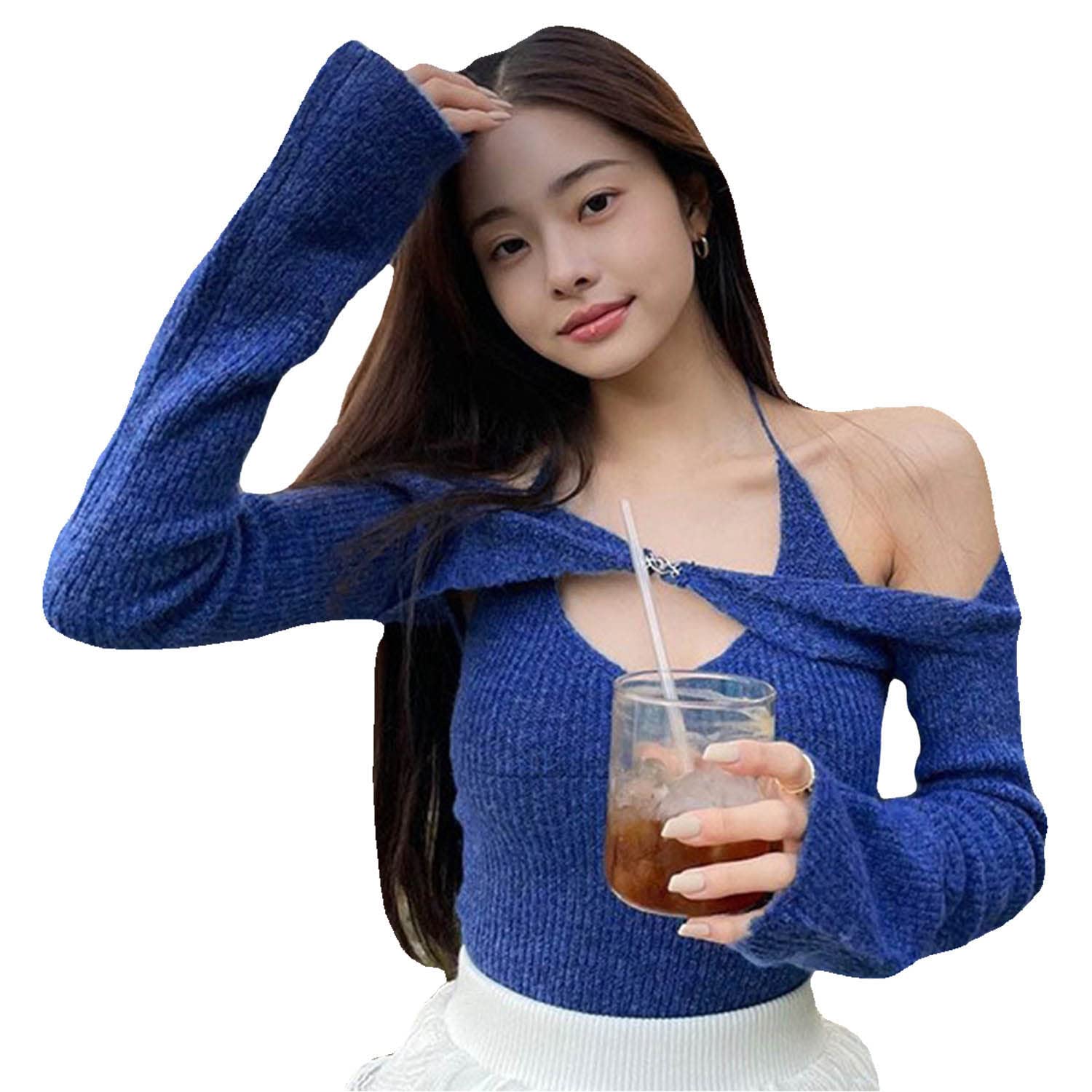 Sexy Women's Halter Long Sleeve Crop Top - Tie Up Knit Party Top with Hollow Out & Backless Design for Club, Night Out, Date Night & Special Occasions