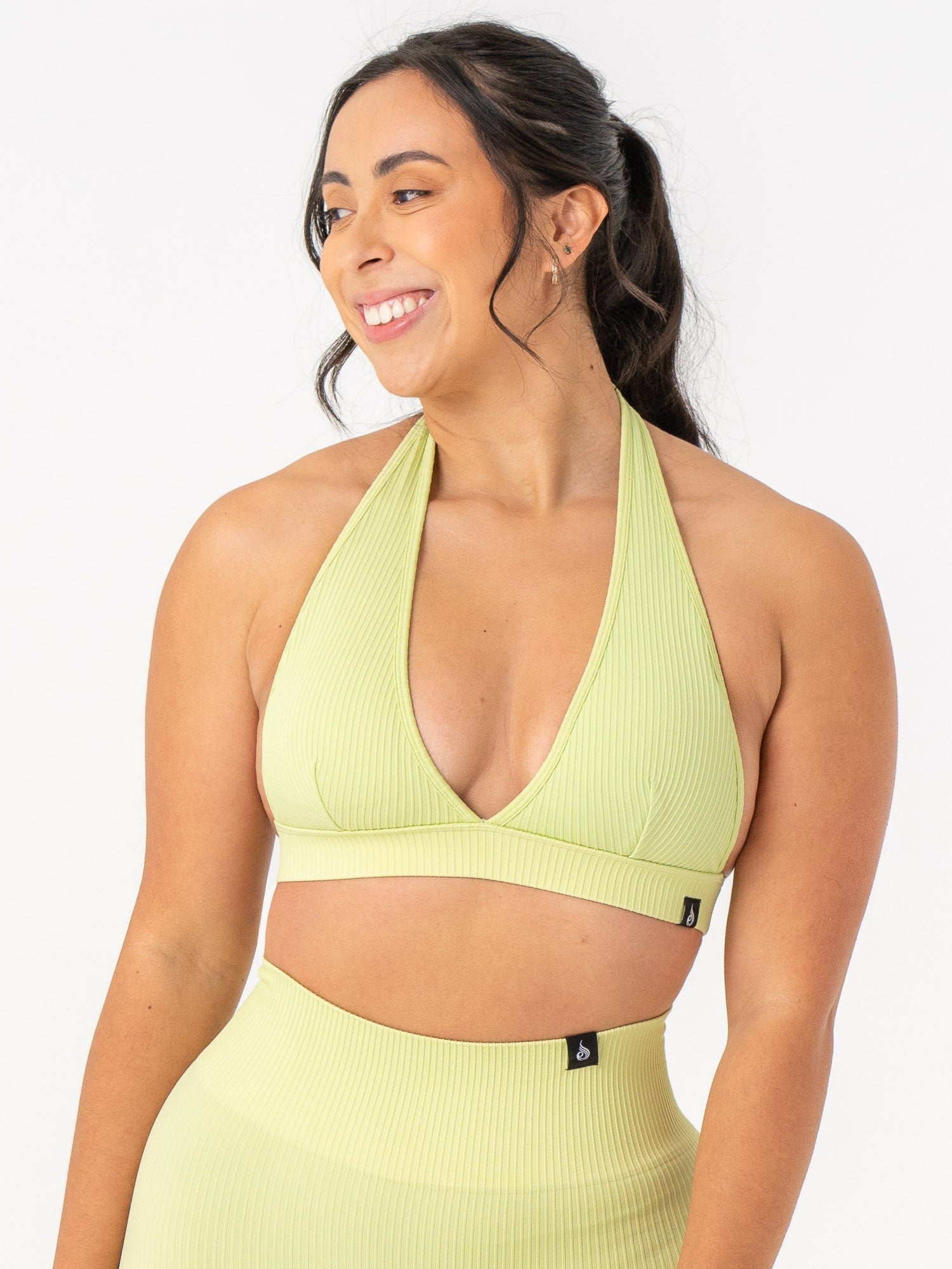 High-Waisted Ribbed Seamless Halter Sports Bra for Women - Breathable Workout Top in Lime Green - Perfect for Yoga, Running & Gym