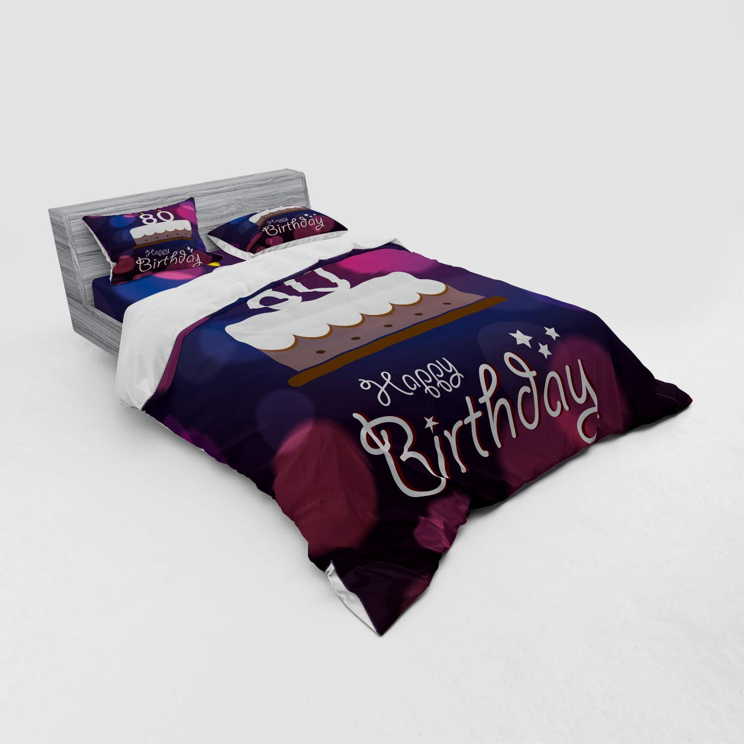 Ambesonne 80th Birthday Duvet Cover Set - Queen Size 4-Piece Bedding with Abstract Cake & Candles Print in Purple, Pink & Lilac | Includes Shams & Fitted Sheet | Perfect for Birthday Party Decorations & Guest Room Makeovers