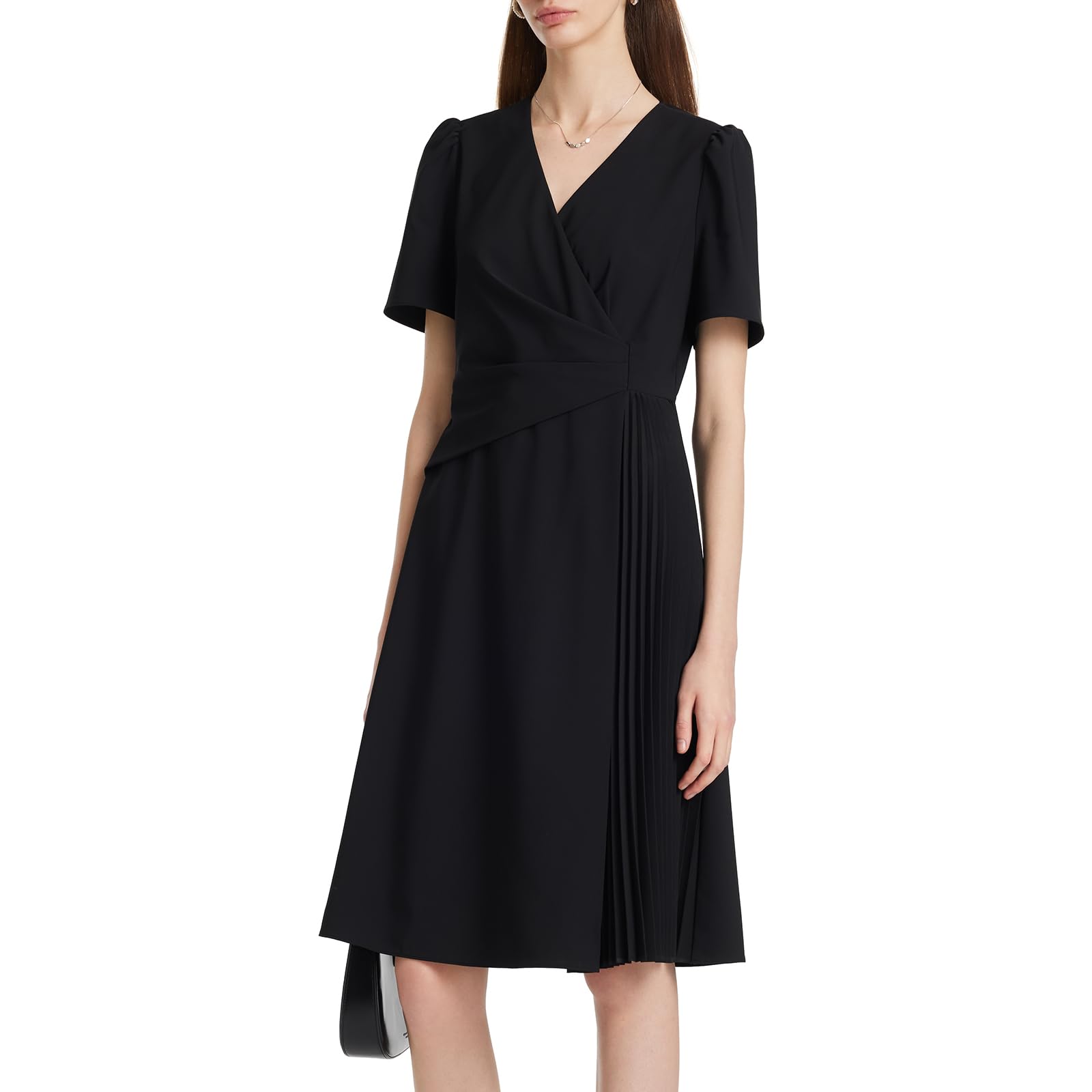Women's Summer Black Mini Dress - Casual V-Neck Short Sleeve Patchwork Pleated A-Line Dress for Wedding Guest, Party, Date Night & Vacation | Flattering Fit for All Occasions