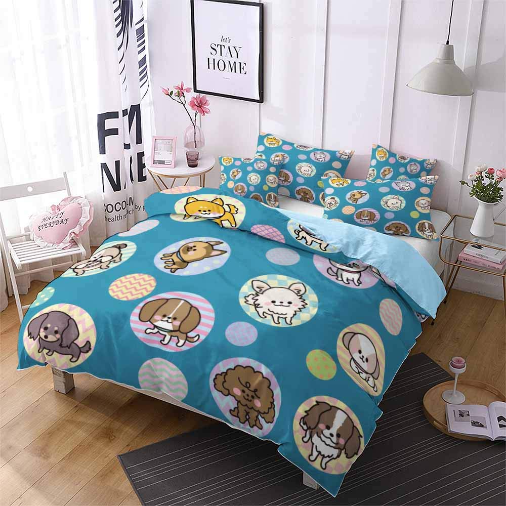 REALIN Cartoon Pet Dog Duvet Cover Set - Cute Animal Print Bedding for Kids & Adults - 2/3/4PCS Quilt Cover, Sheets & Pillowcases - Twin/Full/Queen/King Size (Full-200x229cm-4PCS) - Perfect for Kids' Rooms, Guest Beds & Pet-Friendly Homes