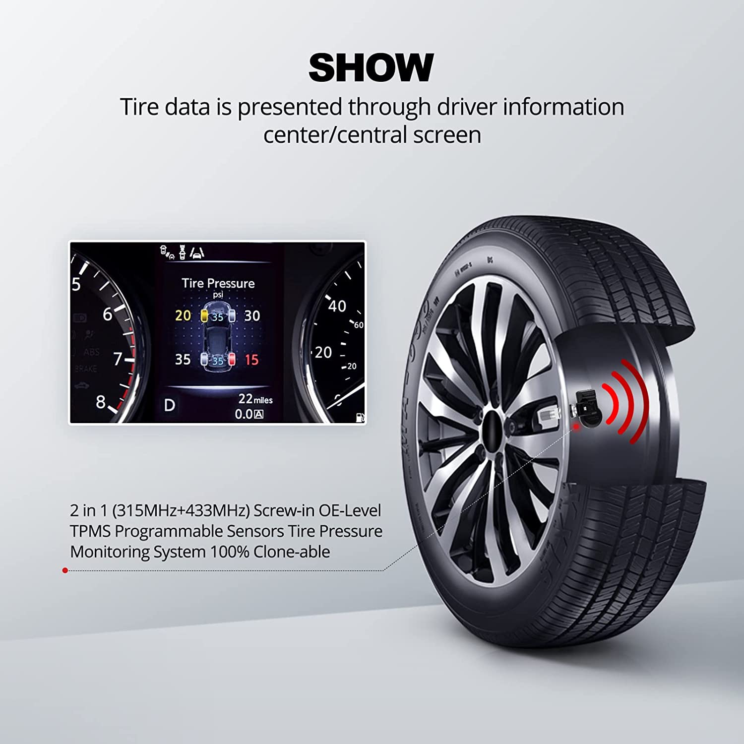 ThinkTPMS S1 Rubber Stem TPMS Sensor 315/433 MHz - Universal Tire Pressure Monitoring System for Cars, Trucks & SUVs - Easy DIY Installation for Safe Driving & Better Fuel Efficiency