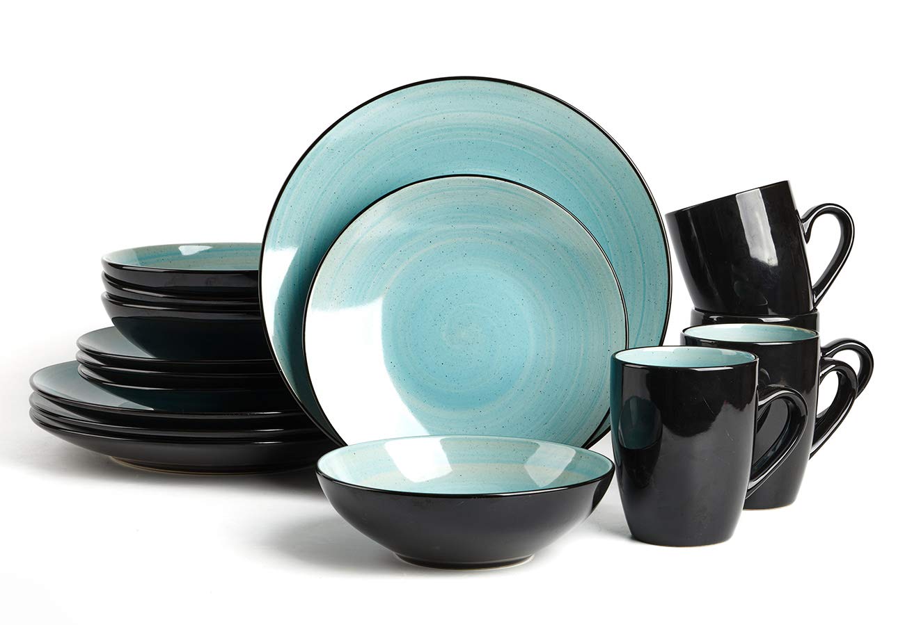 Stoneware Sonoma Dinnerware Set - Black & Speckled Spin Wash Turquoise Plates, Bowls & Mugs | Elegant Dinnerware for Restaurants, Weddings & Everyday Dining