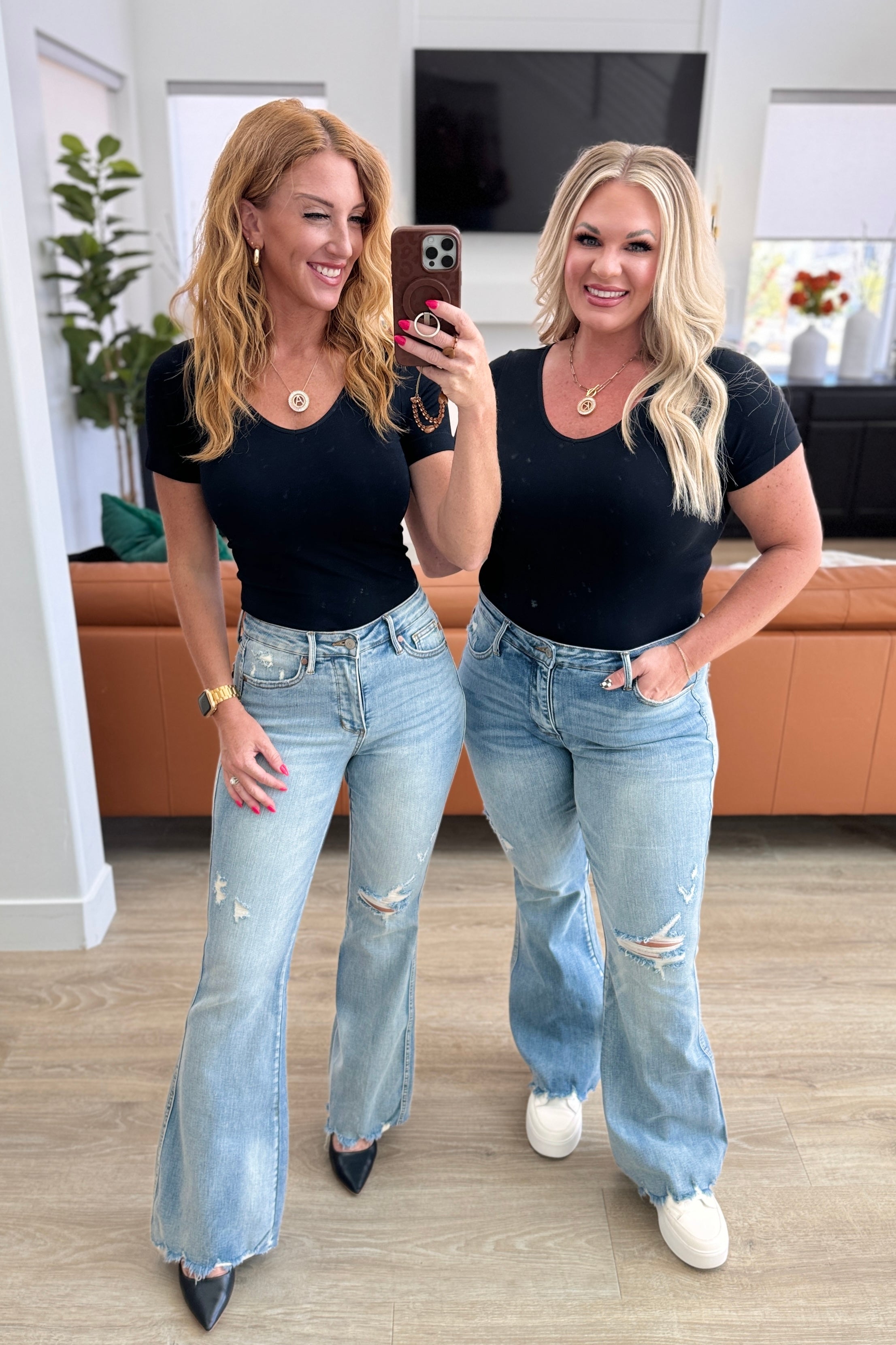 Caroline Mid Rise Control Top Distressed Flare Jeans for Women - Vintage Style Stretch Denim Pants with Tummy Control - Perfect for Casual Wear, Date Night & Office Outfits
